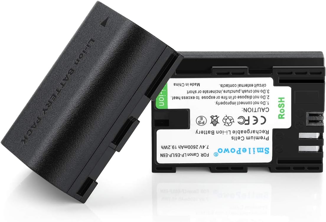 SmilePowo TWO LP-E6,LP-E6N Battery and Charger for Canon EOS 80D,70D,60D,7D,6D,5Ds,5D Mark III, 5D Mark II,SLR Camera,BG-E14,BG-E13, BG-E11,BG-E9, BG-E7, LC-E6,BG-E6,Battery Grip