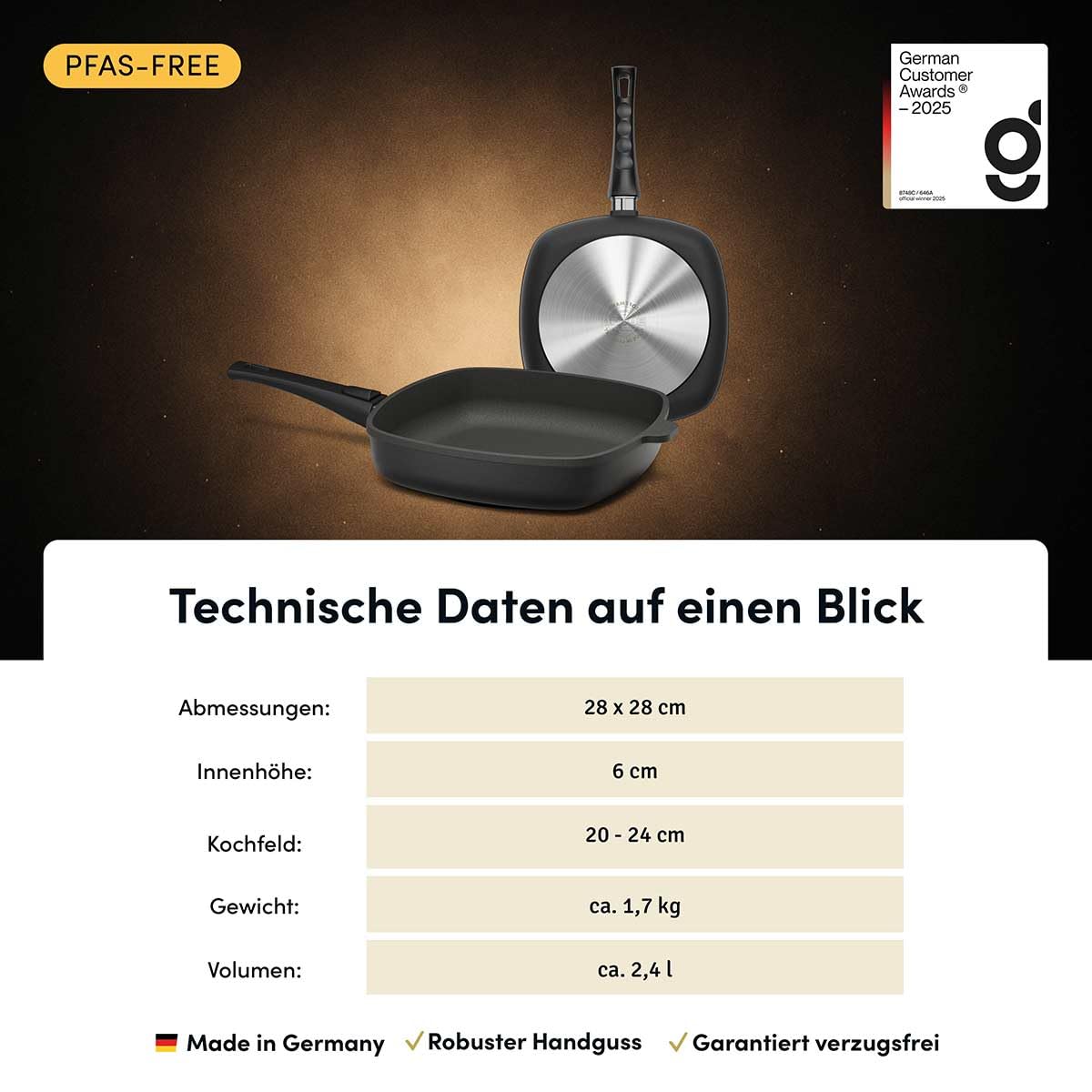 Hoffmann STONIQ Viereckpfanne 28 x 28 cm PFAS-frei | Induktionspfanne Aluminium Handguss Made in Germany | Antihaftbeschichtung mineralisch | abnehmbarer Stiel | backofengeeignet (Mit Glasdeckel)