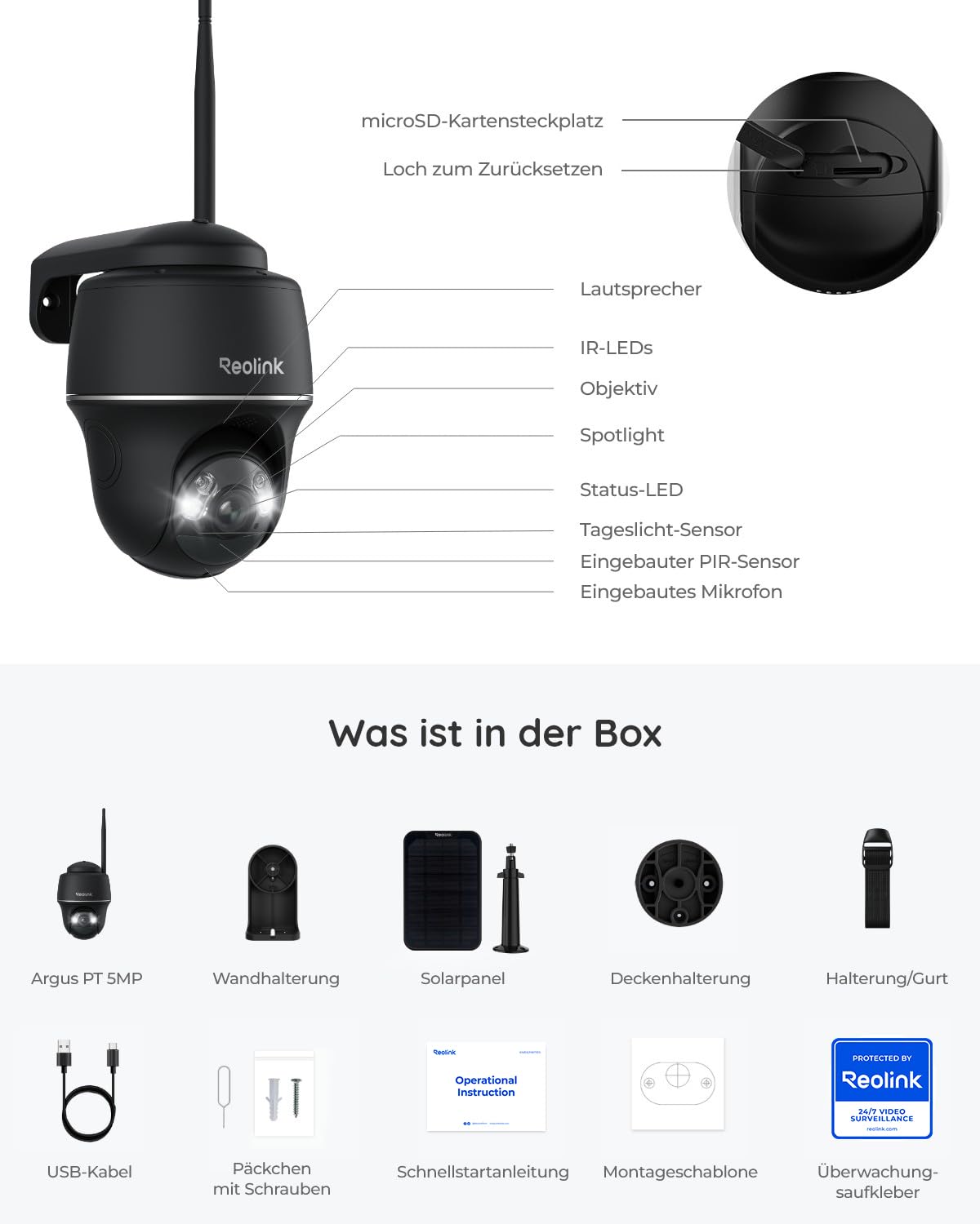 Reolink 5MP Solar Überwachungskamera Akku, 355°/140° Schwenkbar WLAN Kamera Outdoor Kabellos 2, 4/5GHz WiFi, Farbnachtsicht, Personen/Auto/Tiererkennung, Standalone, Argus PT(Schwarz)+Solarpanel