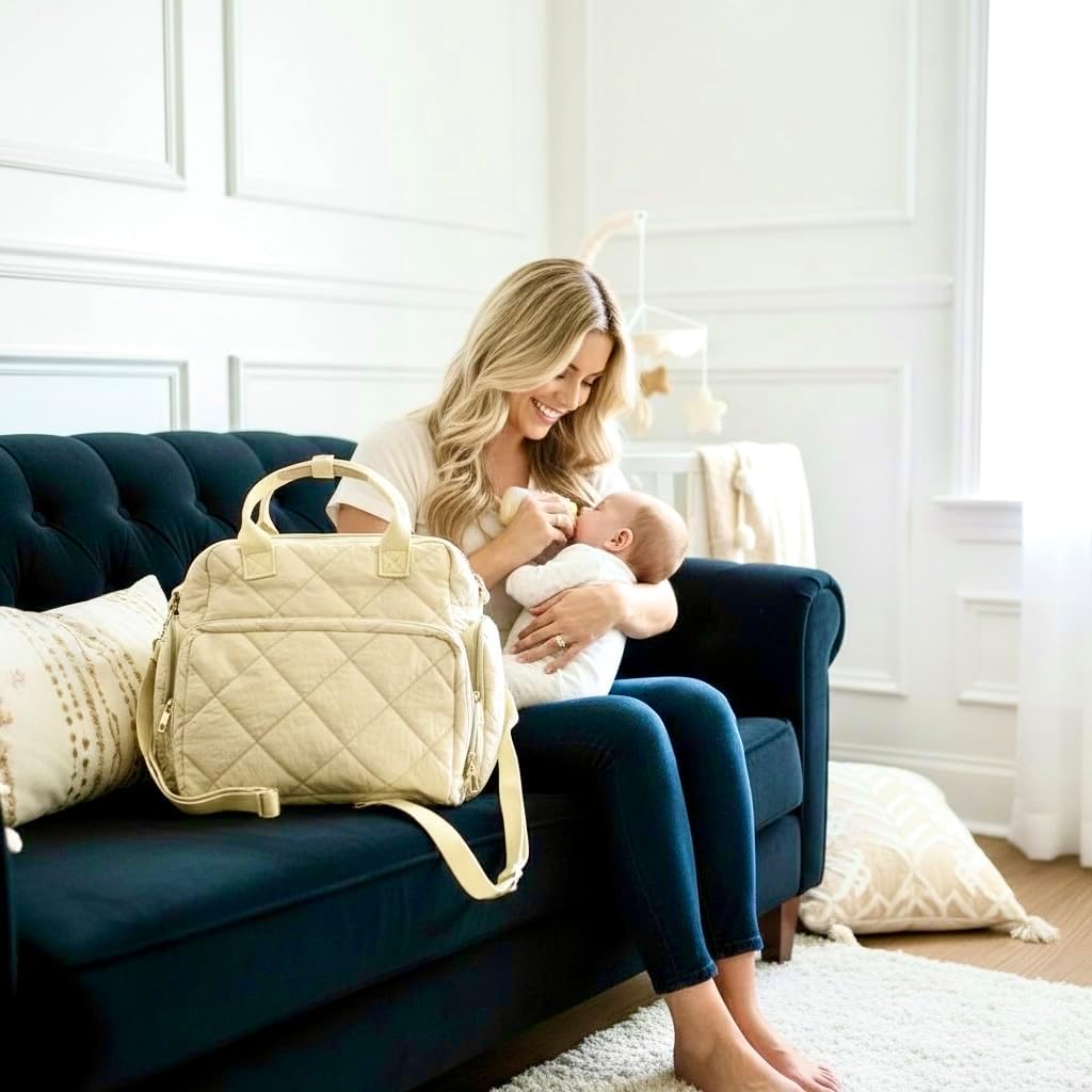 Tristan Home Quilted Diaper Bag Backpack – Insulated Bottle Pockets, Maternity Hospital Travel Bag for Moms (Beige)