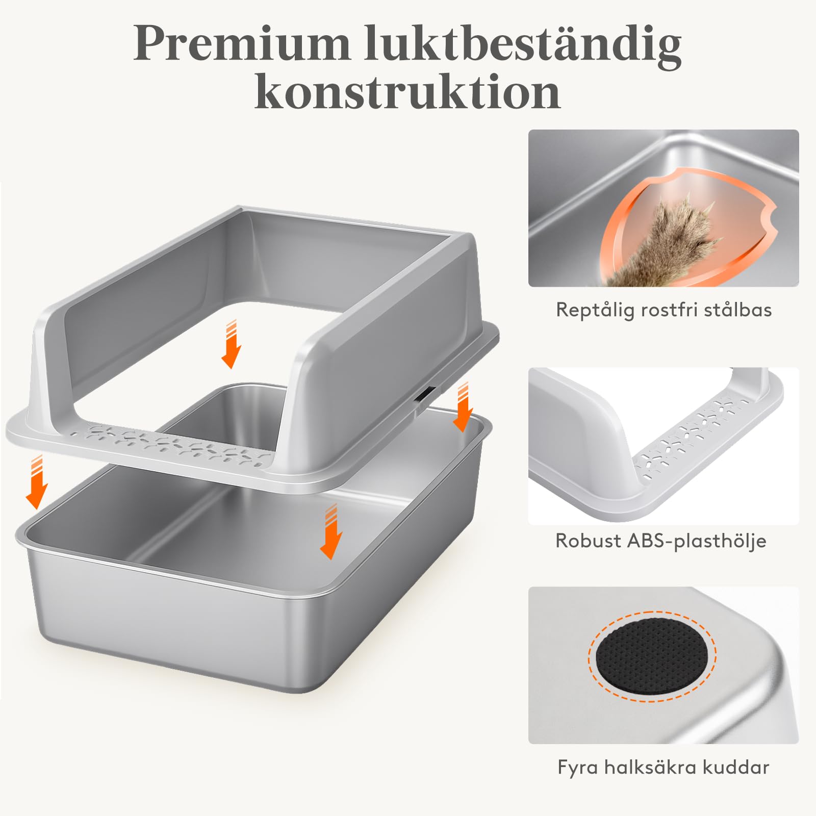 Lifewit Arenero Gato Acero Inoxidable con Pala, Caja de Arena para Gatos Grande, Arenero Gatos para Salón, Dormitorio, 58 x 38 x 26 cm, Gris