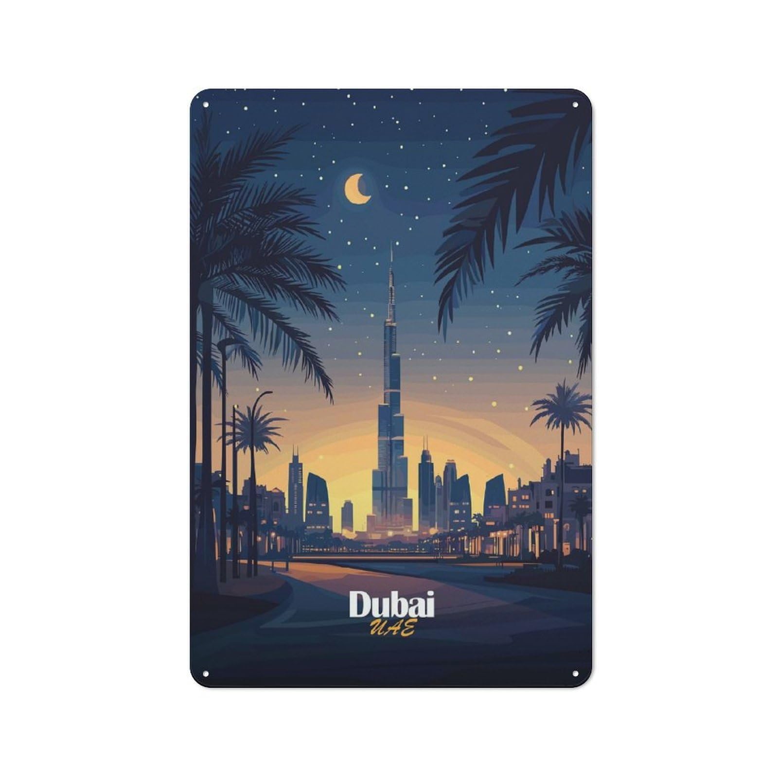 Junmoney Style-6 Smart Dubai Skyline At Night Office Metal Sign 30X20cm, Creative Space Decor For Home Office, Reading Corner Or Bedroom
