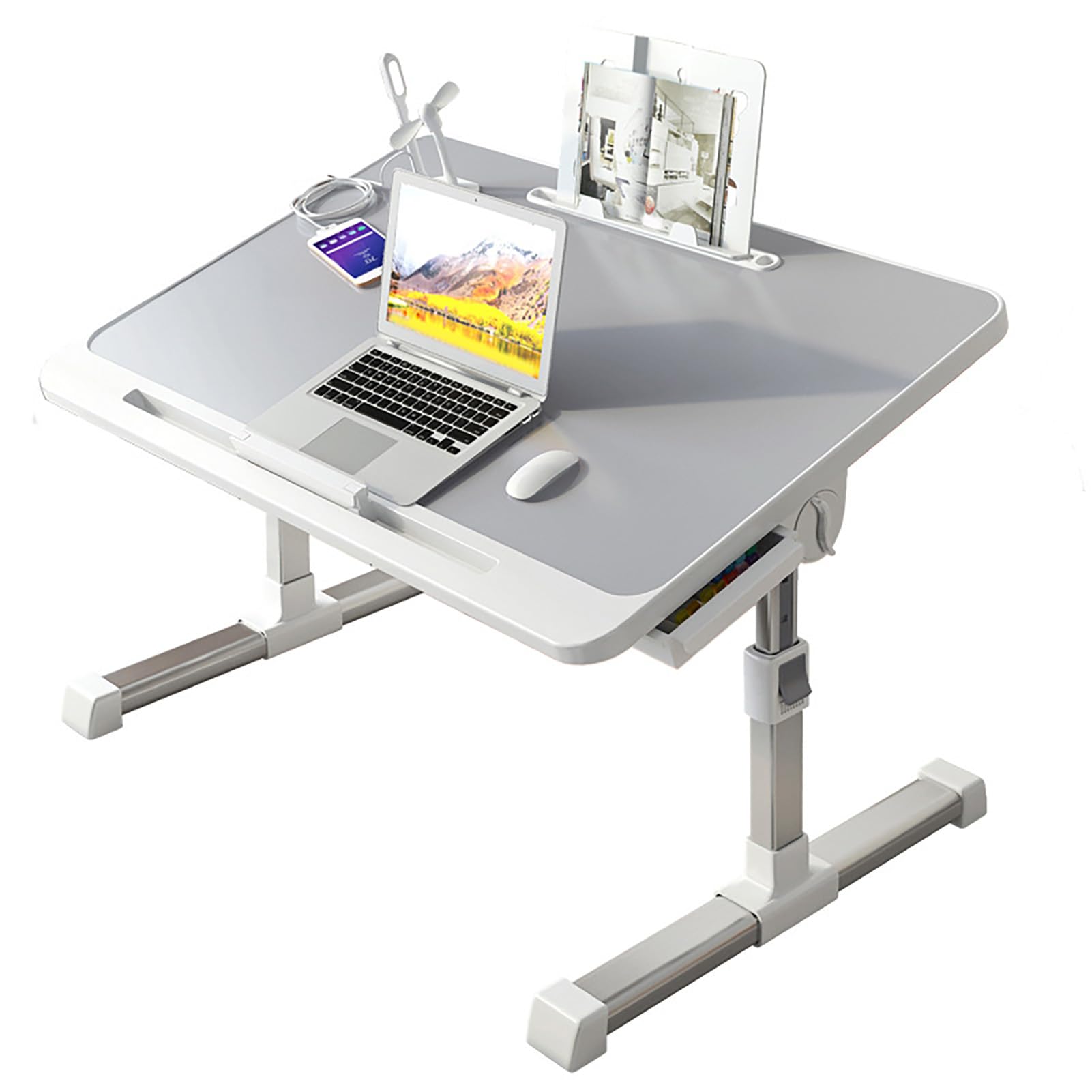 Stolik Przy łóżku na Laptopa, Składane Biurko na Laptopa, Przenośny Stolik Przy łóżku, Stolik Przy łóżku na Laptopa ze Składanymi Nogami, Obrotowy Blat Przenośne Biurko na(Jasnoszary)