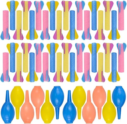 ArtCreativity Lanzadores de cohetes de espuma, juego de 12, cada juego con 1 lanzador para apretar y 3 cohetes de espuma, colores surtidos,