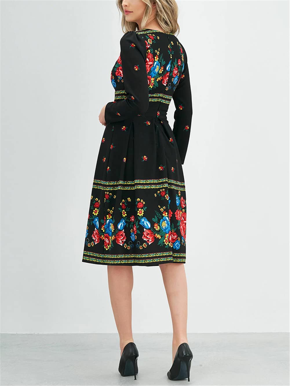 Youllyuu Vestidos de trabajo ajustados con cuello redondo y manga larga con estampado floral para mujer, vestidos casuales midi