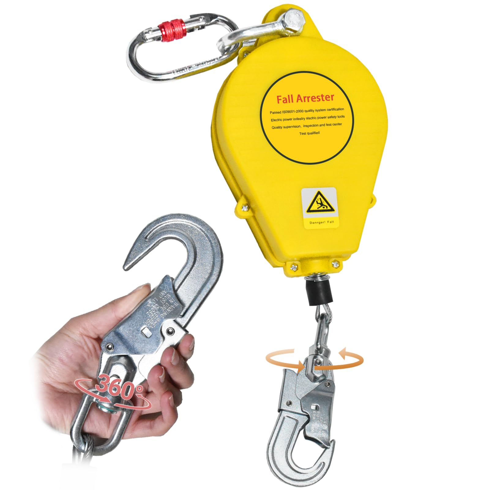 Harnais de Securite Anti Chute Toiture, Dispositif Antichute a Rappel Automatique 10m/15m/20m, Stop Chute Toiture Rétractable avec Crochet Rotatif pour Travaux en Hauteur(Jaune,10m)
