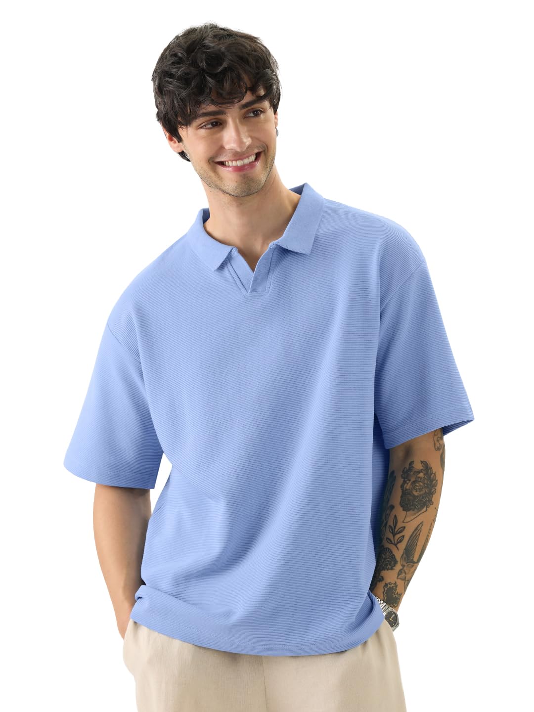 the souled store Solids: Men and Boys Short Sleeves Collared Neck Textured Cotton Blend Oversized Polos-picture-43