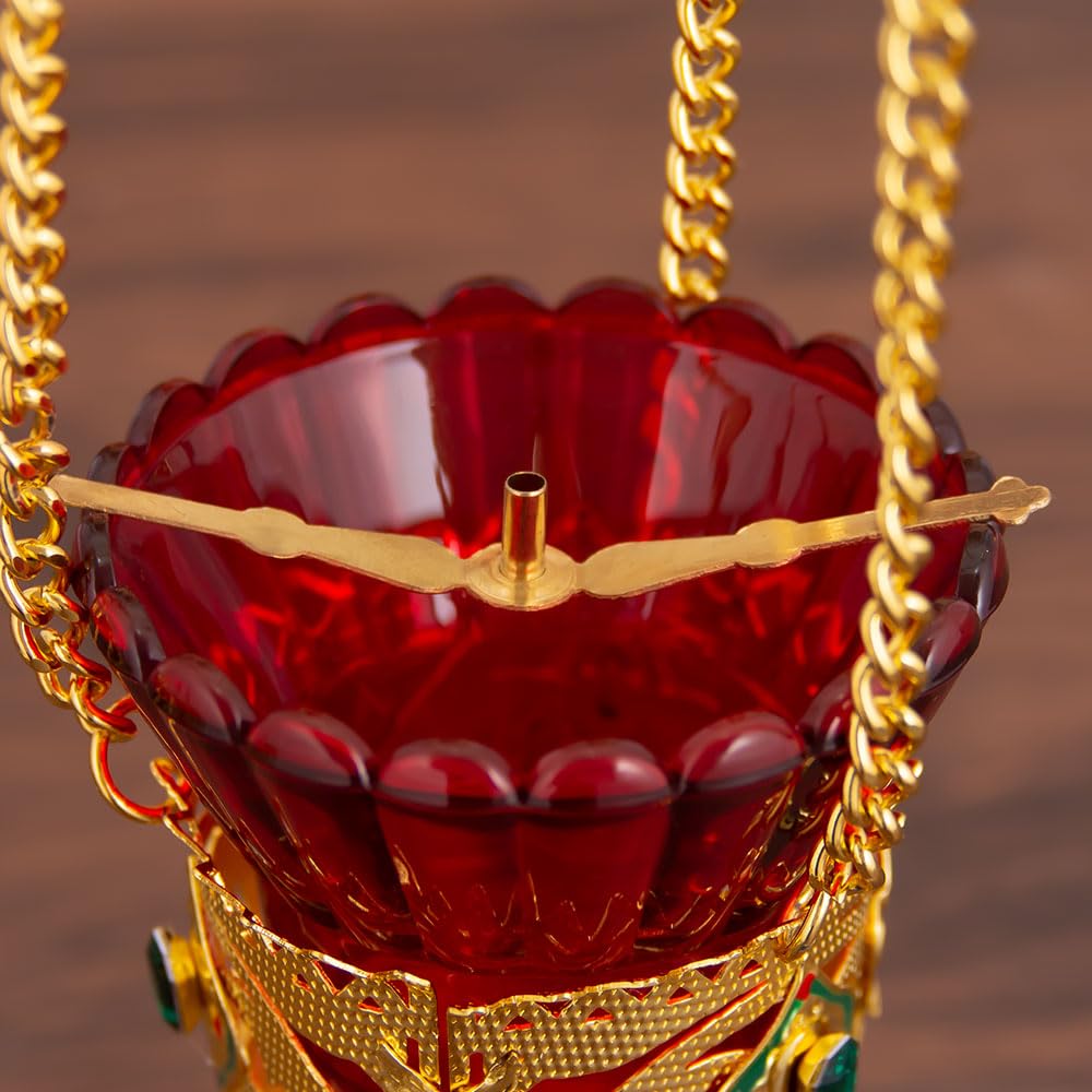 Lampe à huile chrétienne orthodoxe à suspendre, lampes à huile orthodoxe avec tasse en verre rouge, pour cérémonies religieuses et usage quotidien (diamant bleu avec boucles d'oreilles et