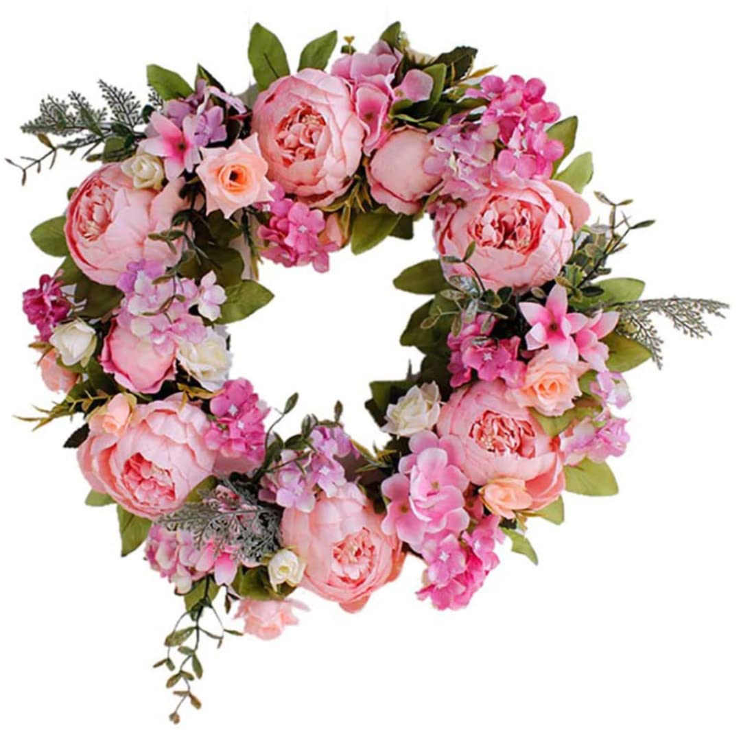 Couronne de porte - Couronne de fleurs - Pivoine artificielle - Couronne en soie - Rose - Décoration pour porte d'entrée - Bureau - Maison - Fête de mariage