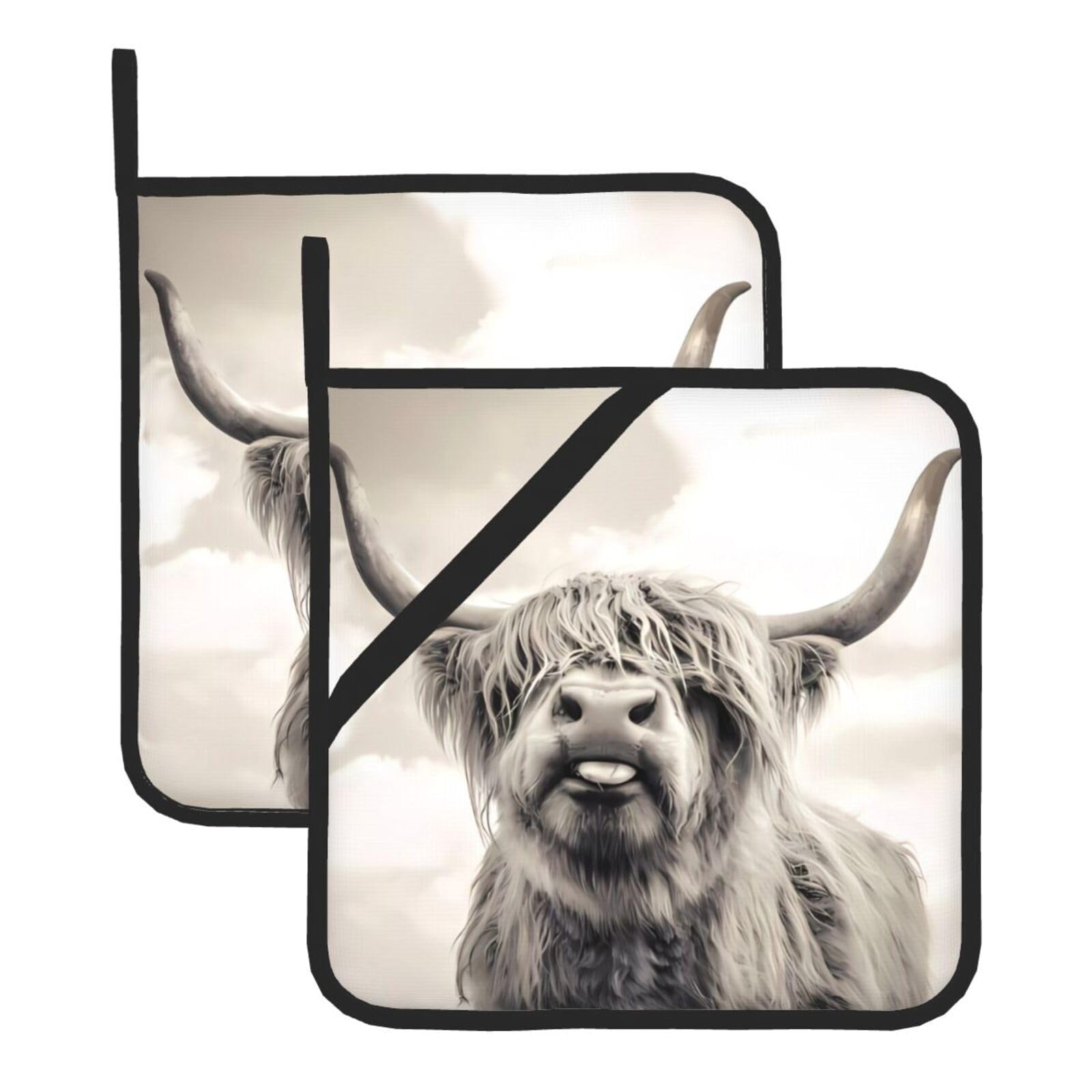 HJFCZH Funny Highland Cow Prints Square Hot Pads for Kitchen Counter - Waterproof Pot Holders, Durable Heat Resistant Throw Layers for Serving, Oven & BBQ - 2 Pack