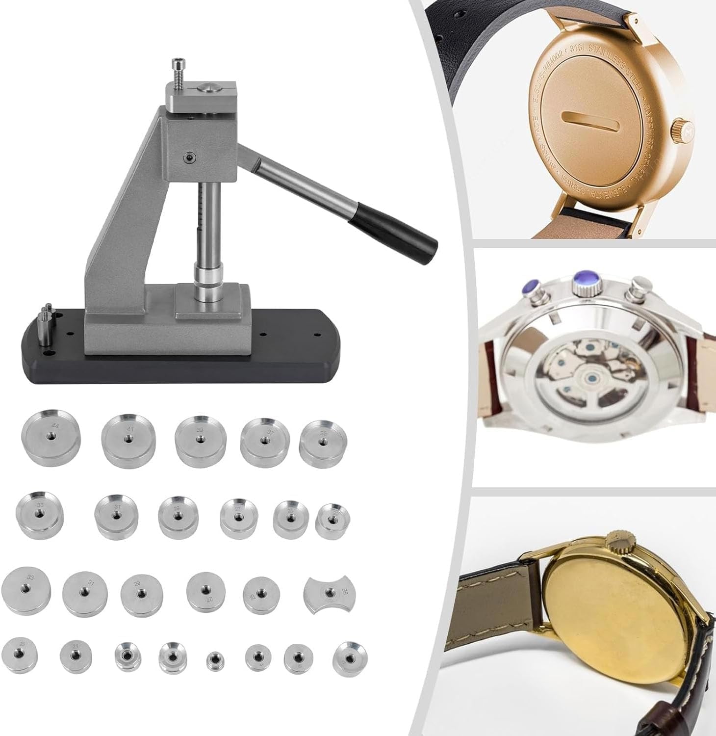 Kit de herramientas de prensado de relojes de alta resistencia con 25 troqueles y cerrador de cajas de altura ajustable para relojeros. Para talleres de relojería y uso doméstico.