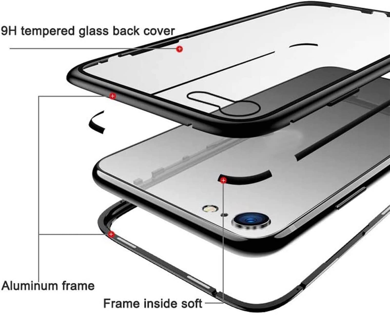 Funda magnética para Apple iPhone SE 2ND (2020) de 4.7 pulgadas, cubierta frontal y trasera de vidrio templado transparente, marco de aluminio (color: blanco)