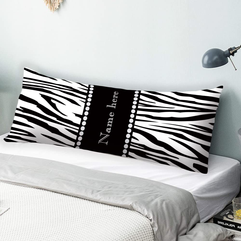 GUGLILI Personalized Zebra Print Body Pillow Case Cover Customized Black White Monogram Animal Machine Washable with Zipper Both Sides Print Pillowcase 20X54 Inch