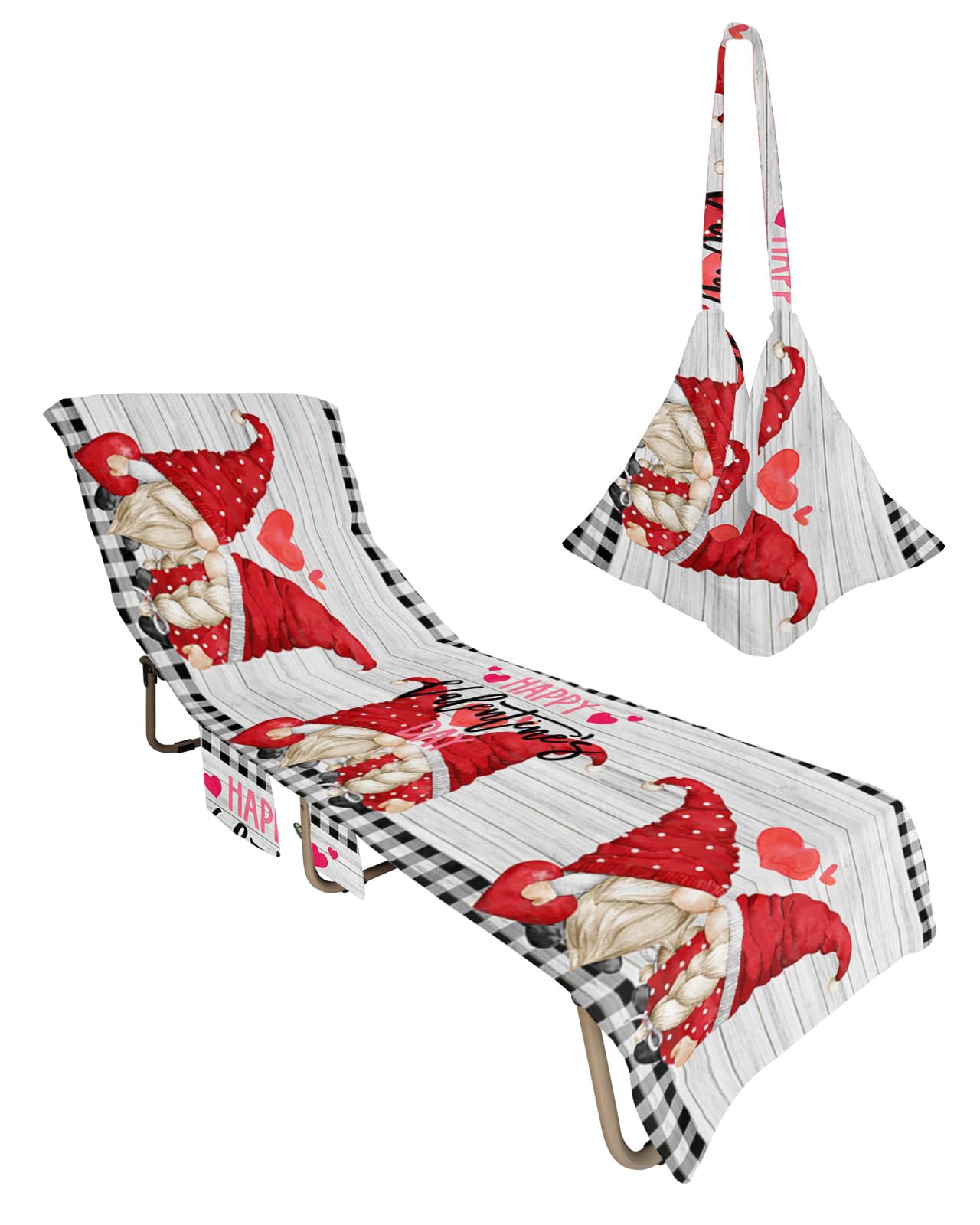 Red Gnomes Valentines Beach Lounge Chair Towel Cover, Soft Chaise Lounge Towel with Side Pockets Patio Pool Chairs Cover for Beach/Pool Sunbathing 29x85 Black White Plaid Vintage Wooden
