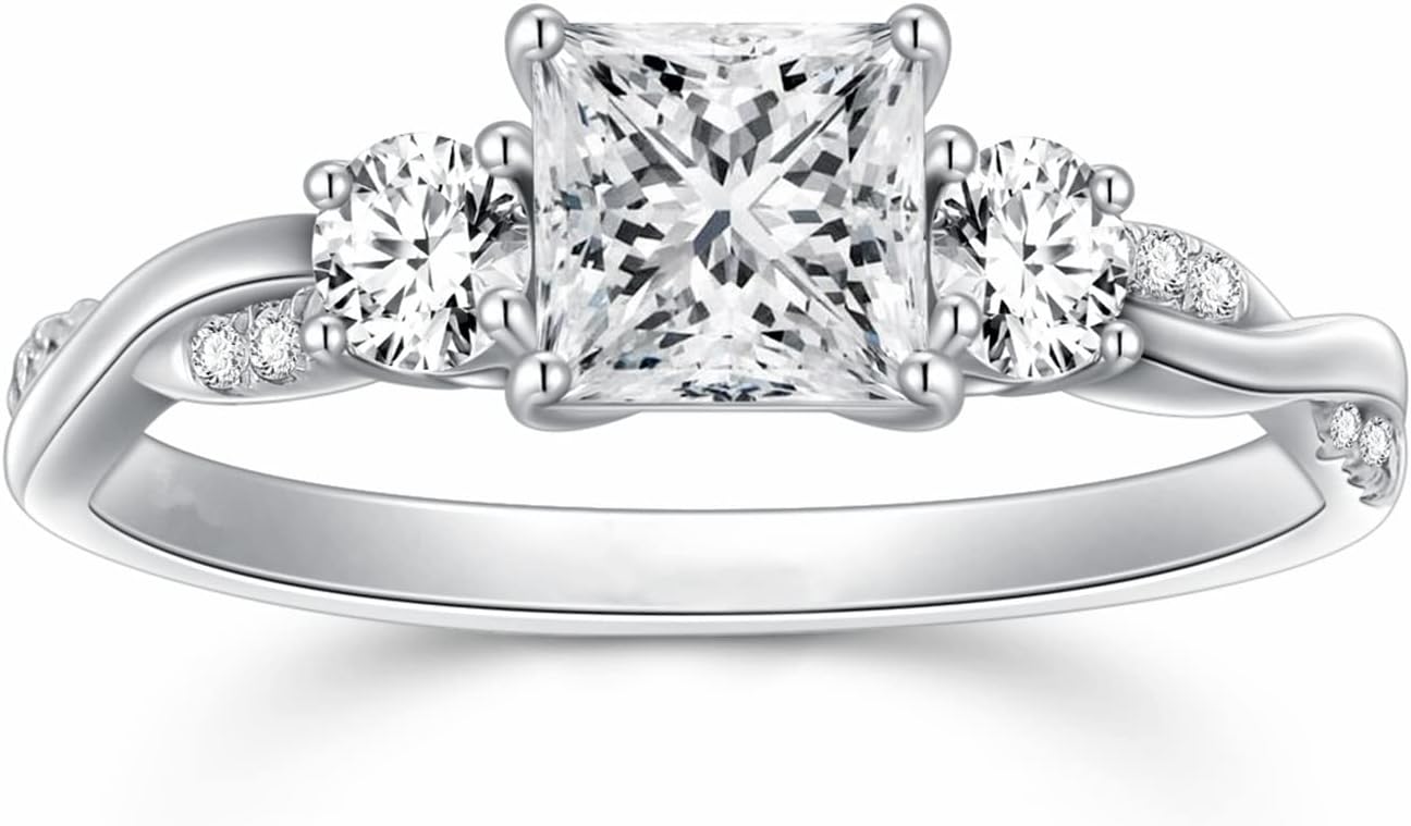 Blocaci 1-1/4 Carat(ctw) Princess Cut Engagement Rings for Women White Gold Twisted Infinity 3 Stone Moissanite Engagement Rings 925 Sterling Silver 10K 14K 18K Gold Promise Rings