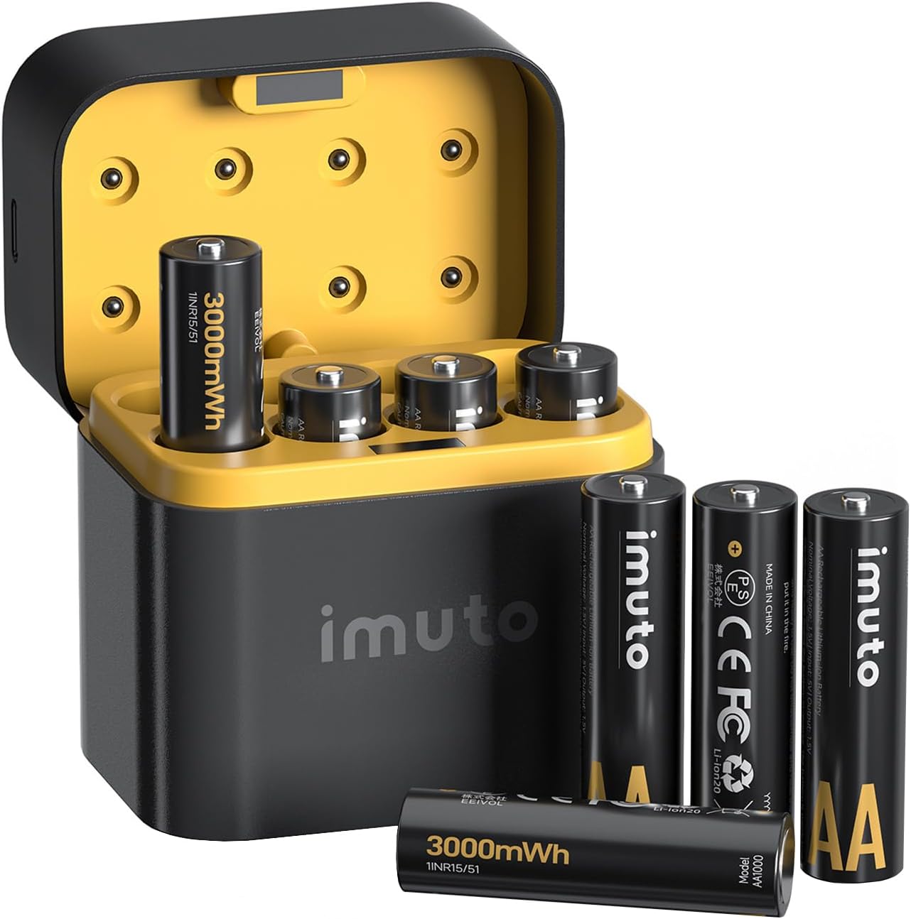 imuto Rechargeable aa Batteries with Charger, 3000mWh Lithium Batteries aa 8 Pack, 8 Slot Storage Case Lithium aa Battery Charger, 1.5V 2A Output, 2500+ Cycle Life, 2.5H Fast Charging