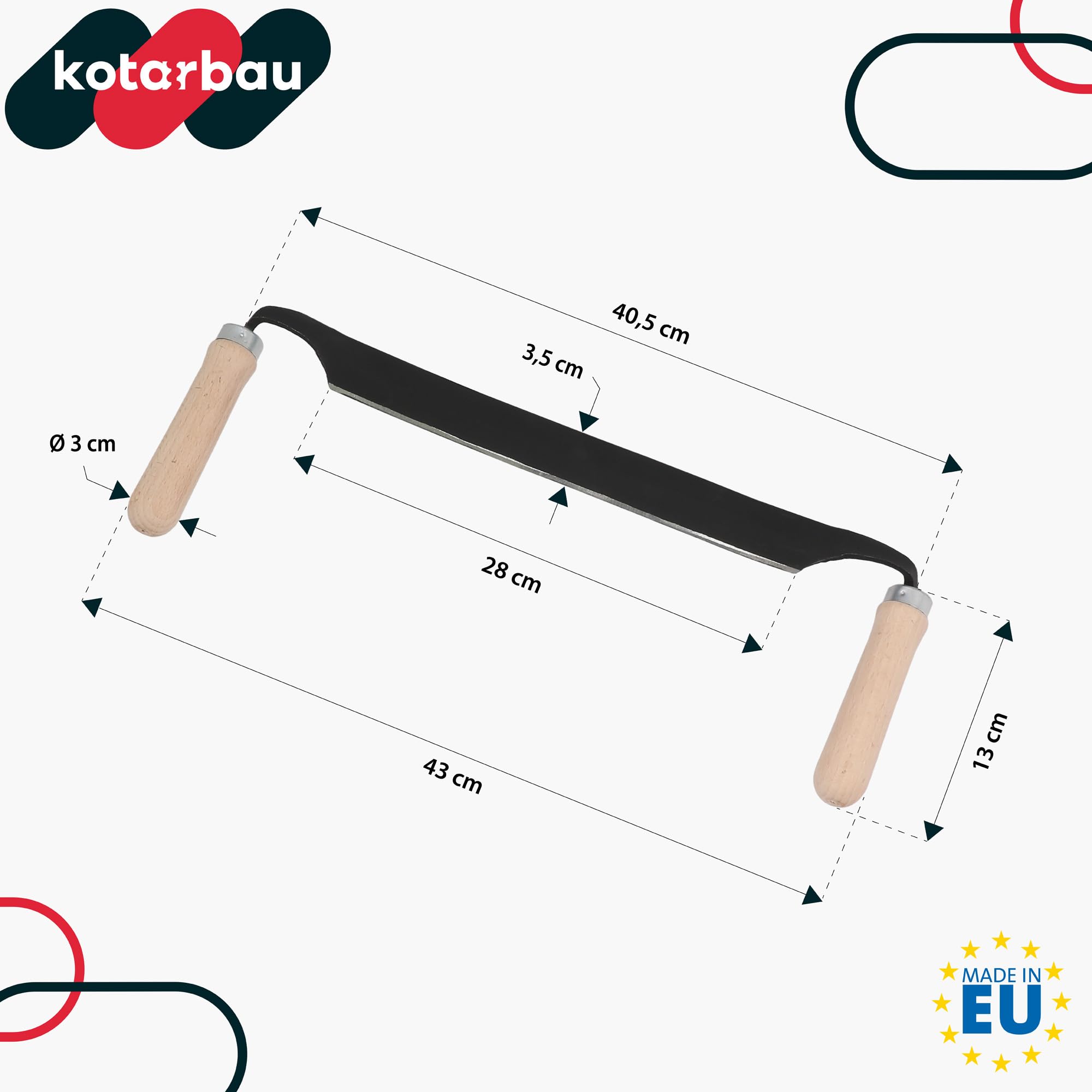 KOTARBAU® Coltello da Trafila - Coltello da Traino - Acciaio al Carbonio - 280 mm - Scortecciatrice per Lavorazione del Legno - Nero - Utensile Manuale per Scortecciare - Manici Ergonomici in Legno