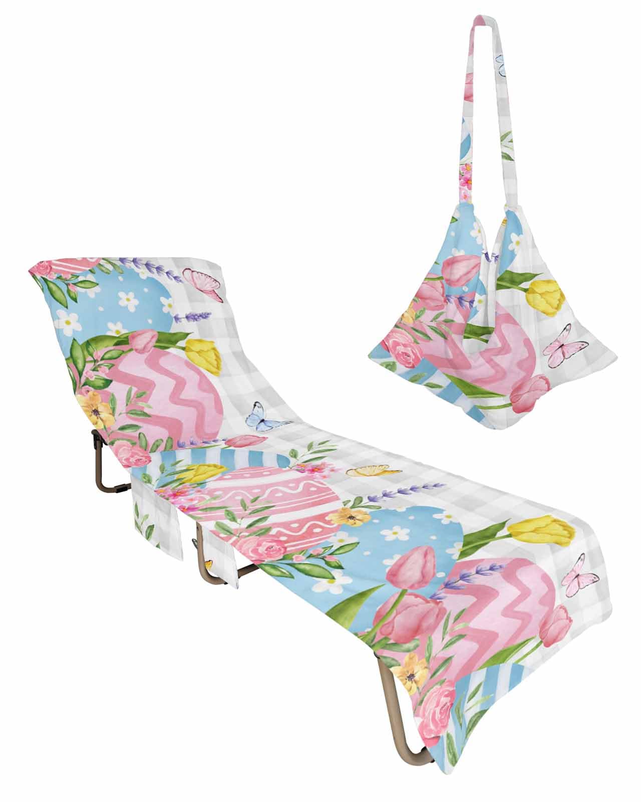 Spring Easter Eggs Beach Chair Towel Covers for Chaise Lounge with Side Pocket, Soft Plush Pool Towels Cover for Patio Sunbathing Outdoor 29''x85'' Tulip Leaves Buffalo Plaid Check