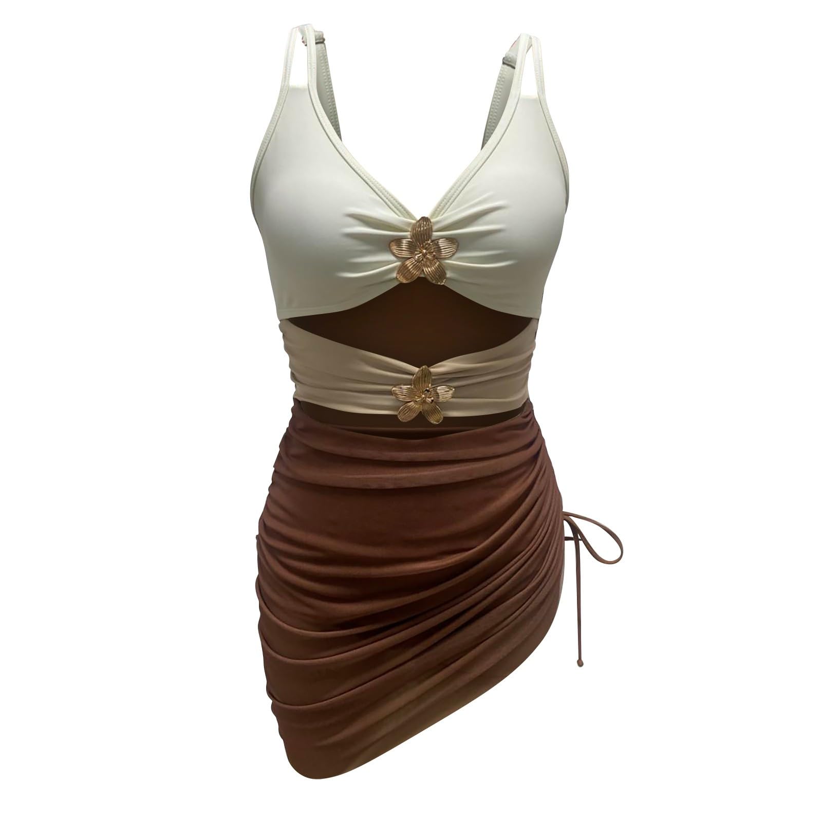 Generico Costume da Bagno Intero Donna Sexy Collo a V Ruching Push Up Spiaggia Estate Beachwear Costume con Volant Donna