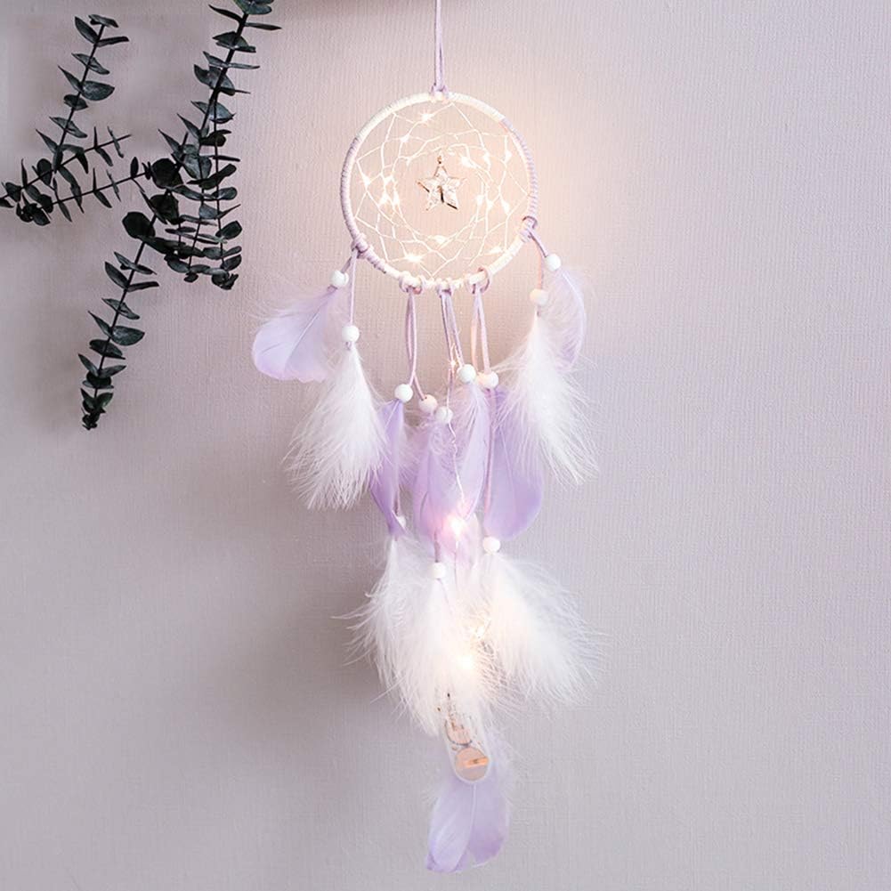 Sarekung Feather Dream Catcher Mobile LED Fairy Lights Battery Powered Hanging Ornaments Purple Dipped Glitter Feathers Bohemian Wedding Decorations, Boho Chic, Nursery Decor
