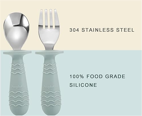 Miniatura 4 de PandaEar 6 Piezas Utensilios de Silicona de Acero Inoxidable para Bebés y Niños Pequeños Cubiertos Cuchara Tenedor para Bebés y Niños Pequeños Sin