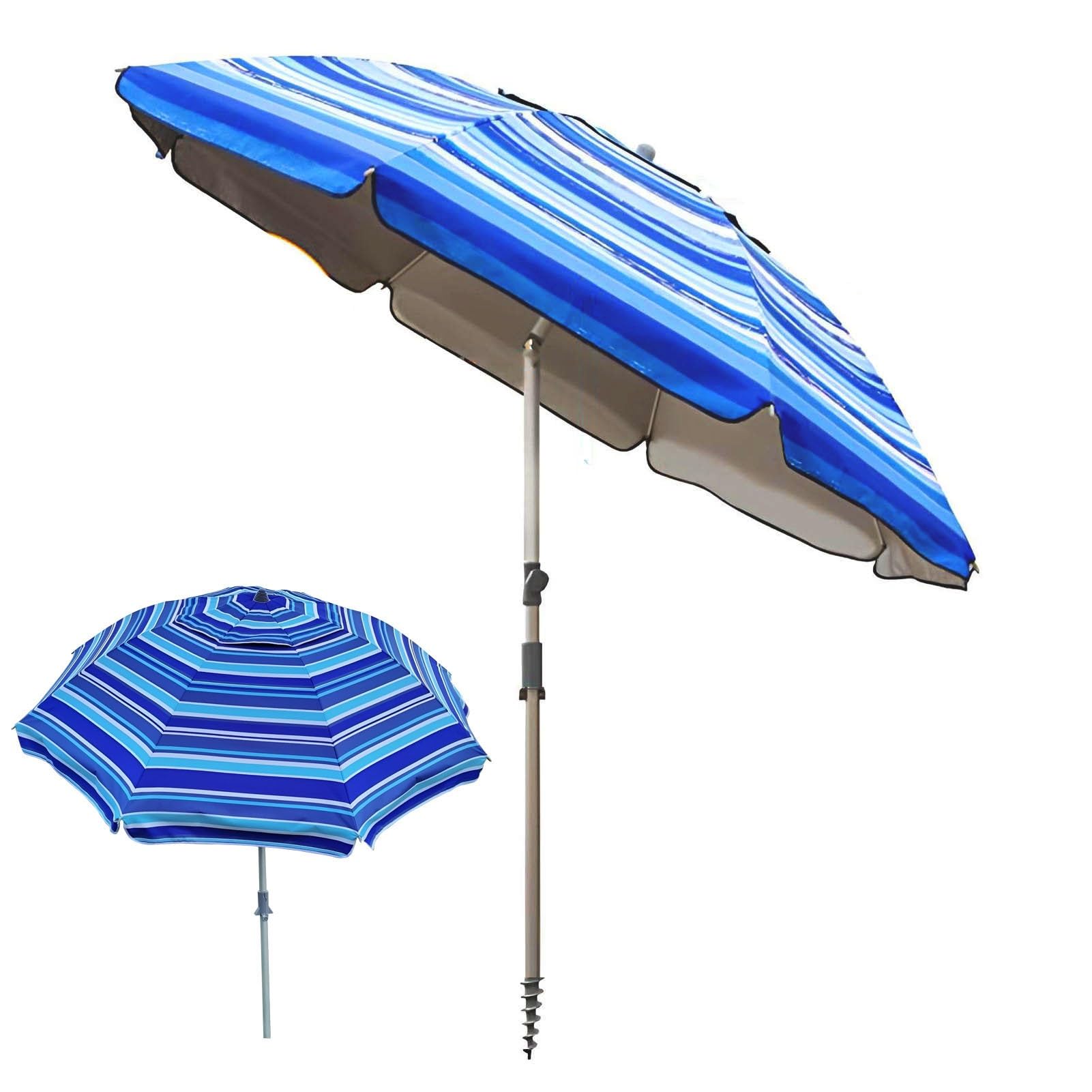 220cm Przechylny Parasol Plażowy, Wodoodporny z Filtrem UV 50+, Osłona Słoneczna do Ogrodu, Basenu i Podwórka, Niebieskie Paski
