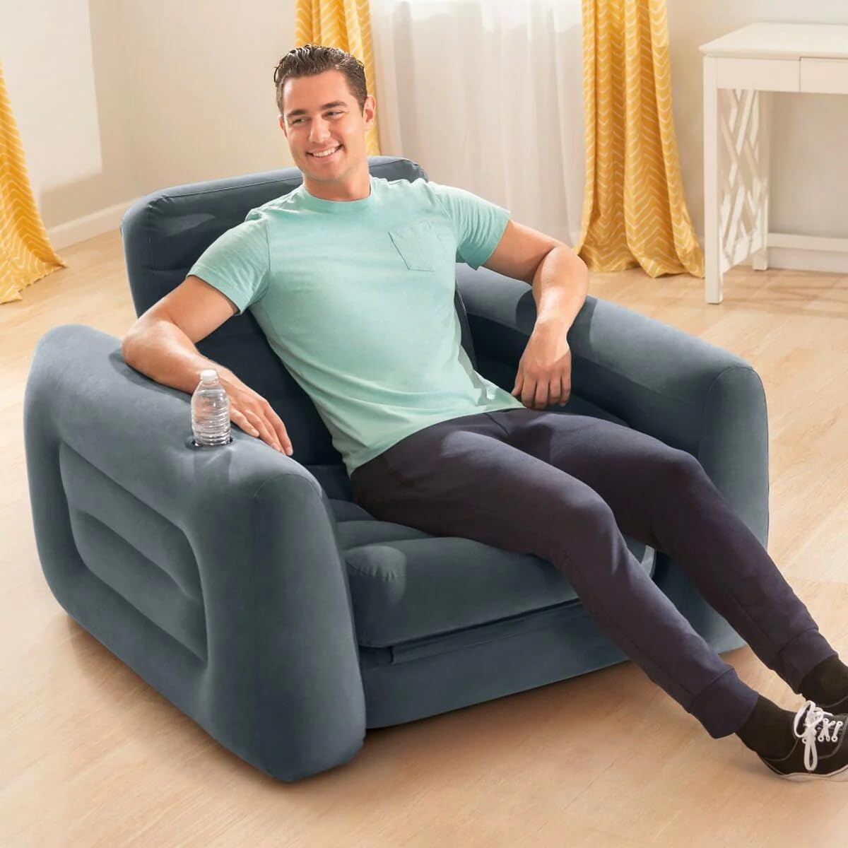 INTEX 66551NP - Sillón cama hinchable 2 en 1, para Relax, con Reposabrazos, Poliuretano, Gris