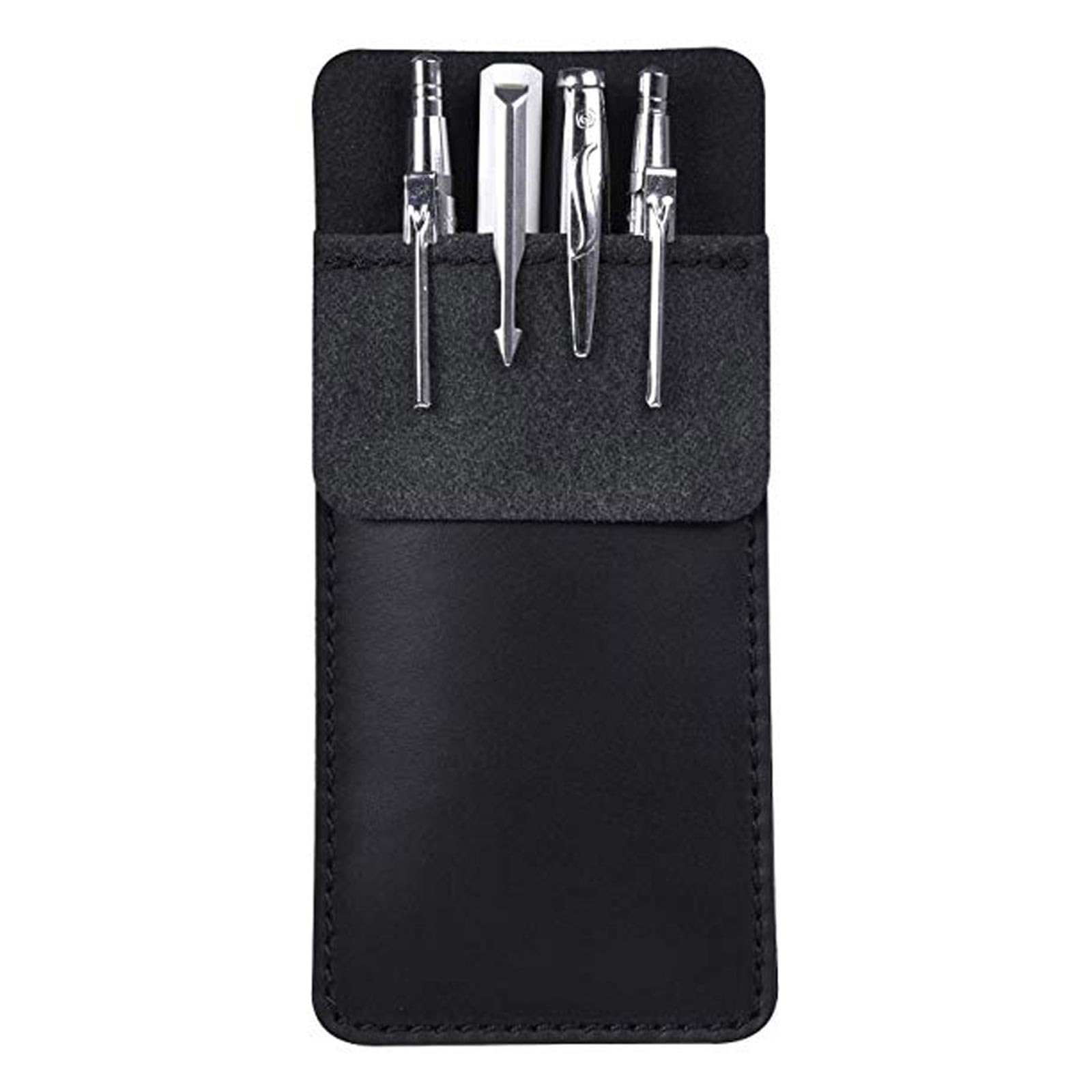 Genuine Leather Pocket Protector, Vintage Black Heavy Duty Pen Holder Pouch, Full Grain Crazy Horse Leather Pen Organizer for Shirts, Lab Coats & Pants, Holds Pens, Pencils & Notes