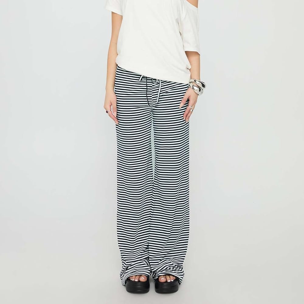Mxiqqpltky Women Y2K Striped Pants Casual Drawstring High