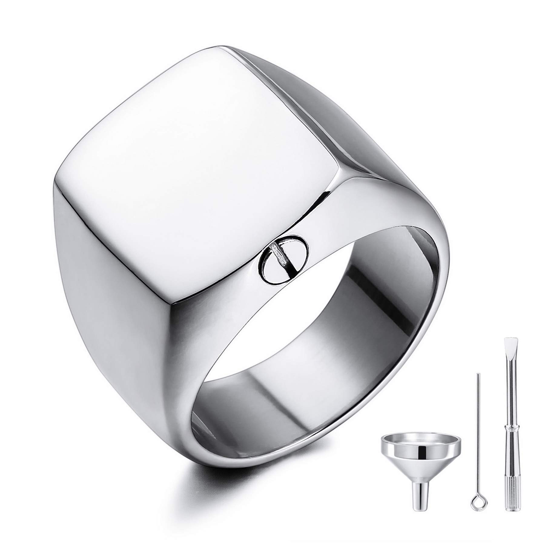 MeMeDIY Personalized Cremation Urn Ring Signet Ring Blank Stainless Steel Memorial Ashes Holder Keepsake for Women Men Pet Dog Cat with Funnel Kit Ring Size Adjusters (Silver Size R)