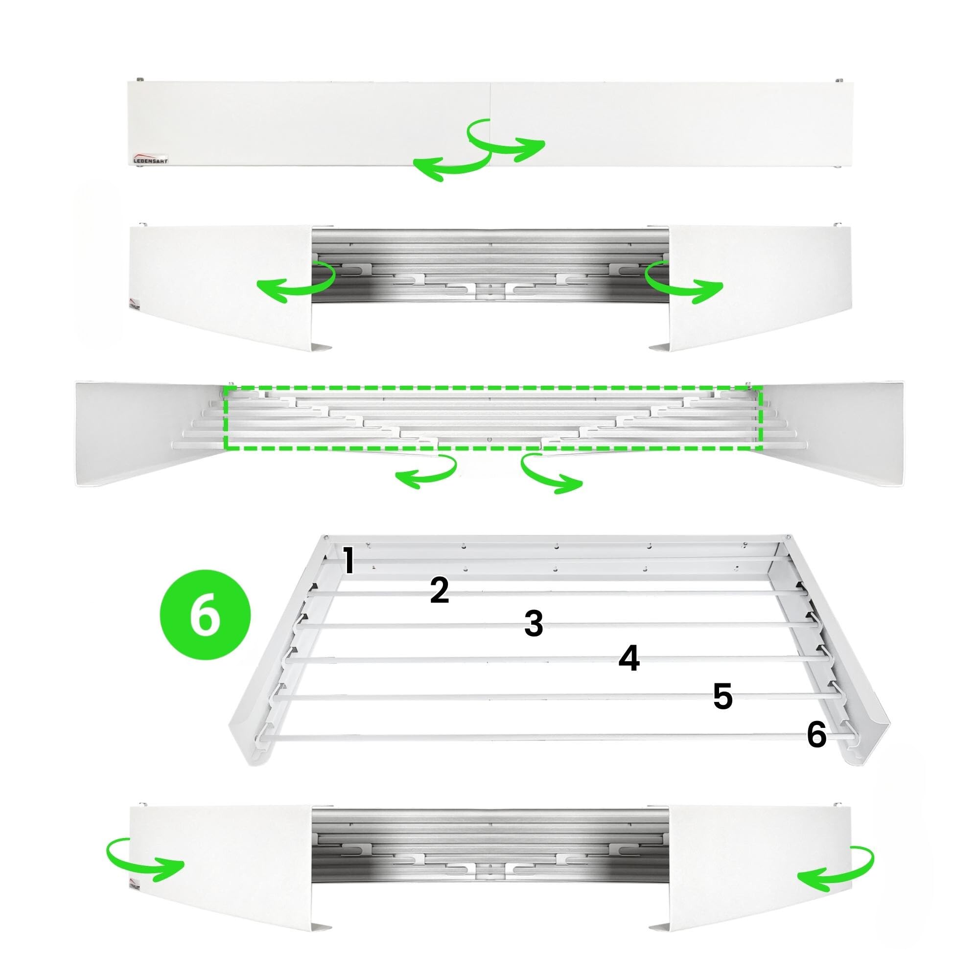 LEBENSART Wall Mounted Laundry Drying Rack (White 40'') - 60lbs Capacity - Space Saving Clothes Drying Rack - Indoor and Outdoor Foldable, Collapsible Pull Out - Stainless Steel