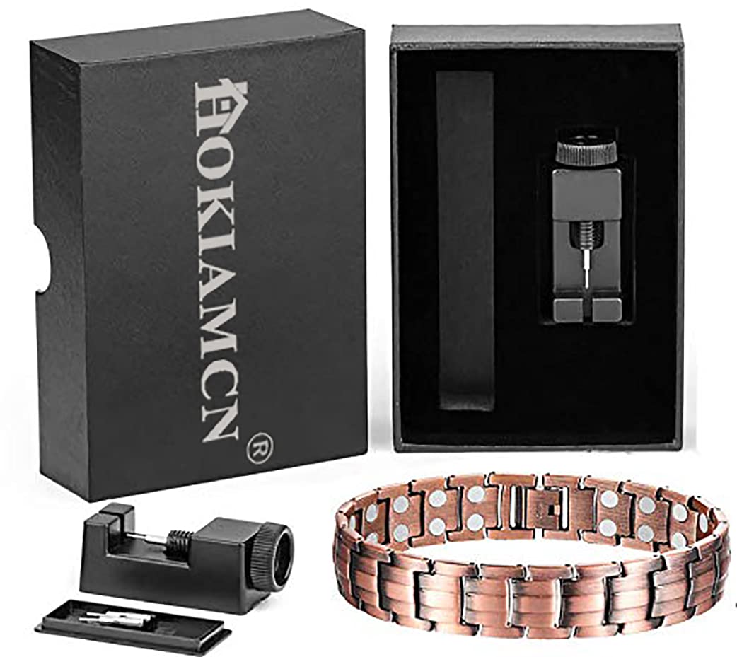 Pulseras de cobre para hombres con 46 imanes fuertes de 3500 Gauss Pulsera magnética de cobre ajustable, con herramienta de extracción y caja de regalo