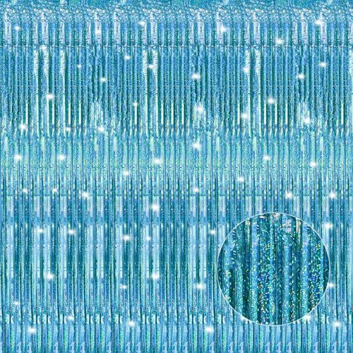Image of Crosize 3 Pack 3.3 x 9.9 ft Laser Blue Foil Fringe Curtains Party Decorations, Laser Blue Tinsel Curtain Backdrop for Parties, Door Streamers, Glitter Streamer Backdrop for Birthday Decoration