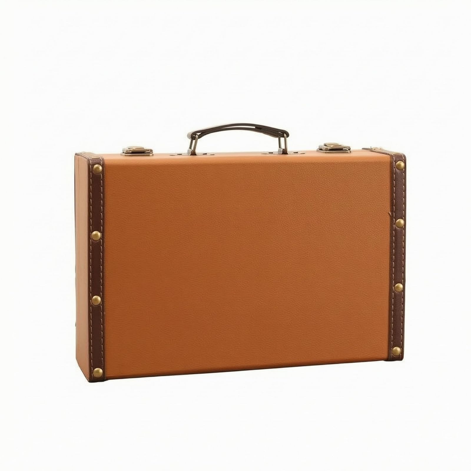 Leather-Like Vintage Suitcase Trunk Stitched Trim Hard-Sided Suitcase Metal Corner Guards Retro Display Trunk Rivet Hardware for Prop Use, Light Brown S-image-14