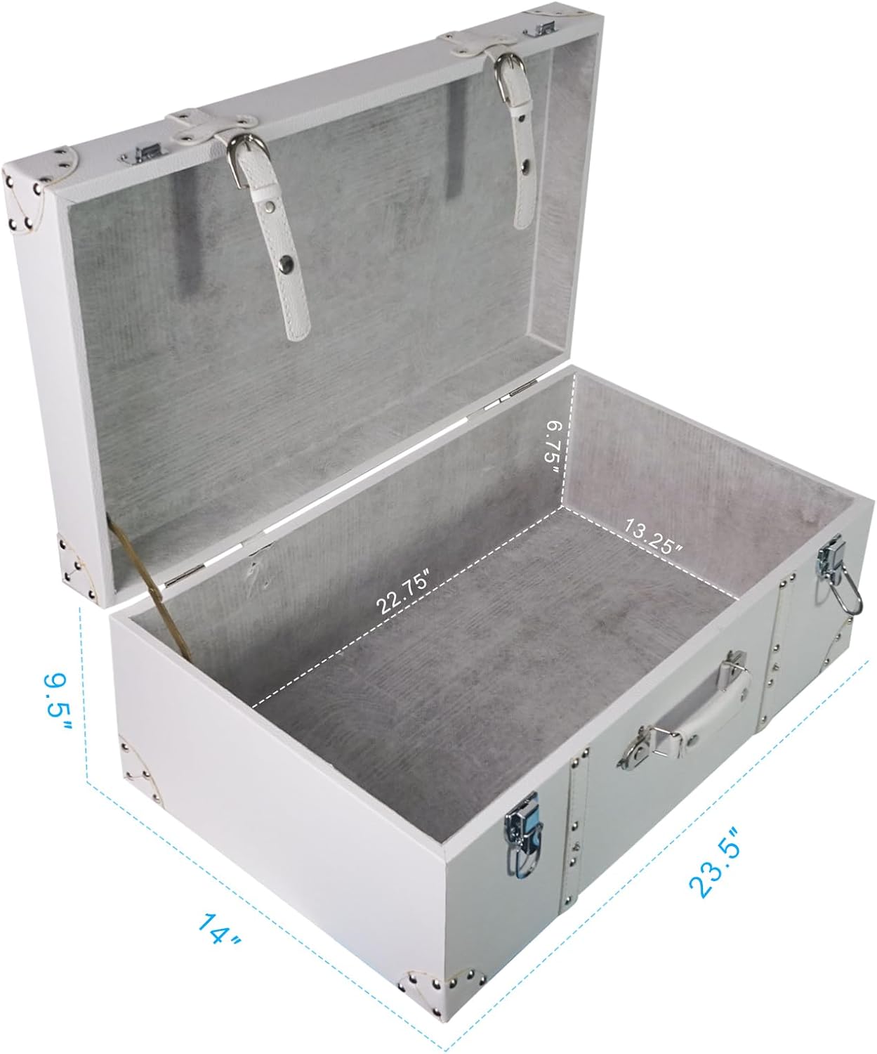 DreamsEden Large Wooden Storage Suitcase, White Elegant Decorative Trunk with Strap Decor, Portable Wood Storage Box Chest Keepsake Case