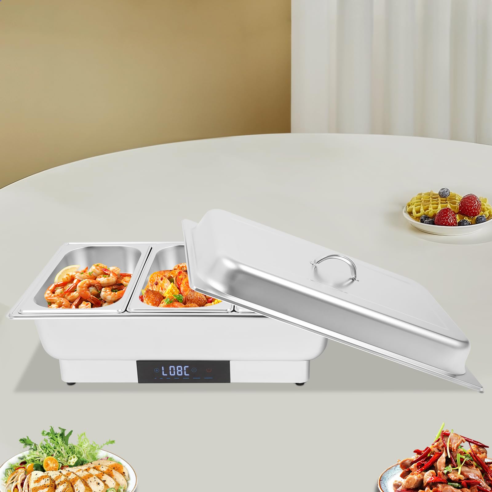 Chafing Dish - Scaldalibi elettrico, 9 l, in acciaio inox, 600 W, con coperta, serbatoio di calore da 35 ~ 90 °C, regolazione della temperatura (3 scomparti)