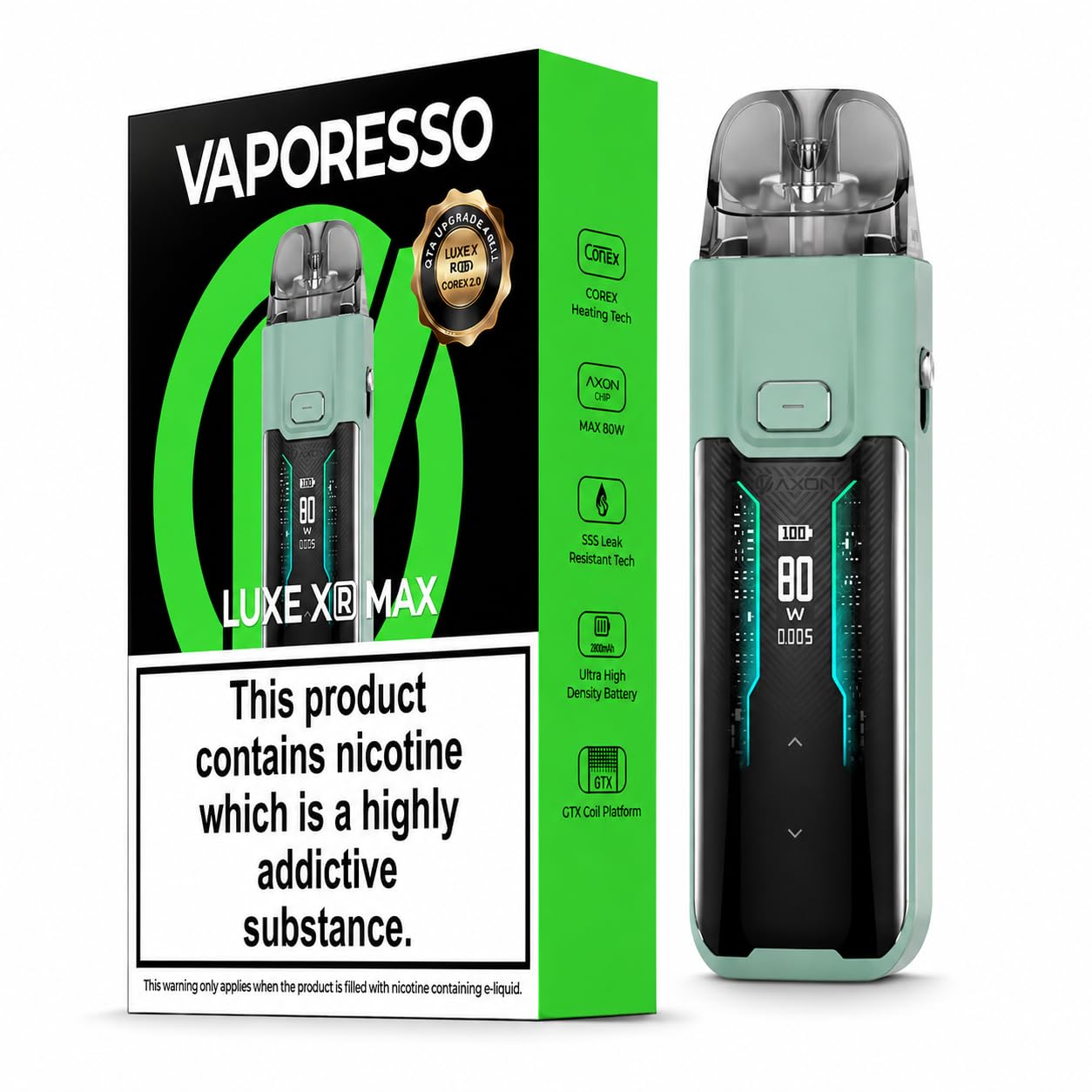 VAPORESSO LUXE XR MAX Vape Kit [Green] - Rechargeable Big 2800mAh Battery, 80W Output, GTX Mesh Coils, DTL/MTL Vaping, Refillable, E Cigarettes, Starter Kit, No Nicotine No Liquid