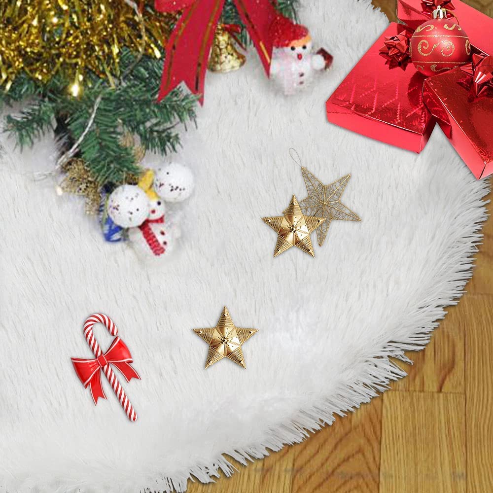 NP Christmas Tree Skirts Luxury Snowy White Faux Fur Xmas Tree Base Cover Mat 35 Inch Tree Skirt Christmas Decorations Ornaments Xmas Holiday Party Décor for Home Decorations Indoor Snow White