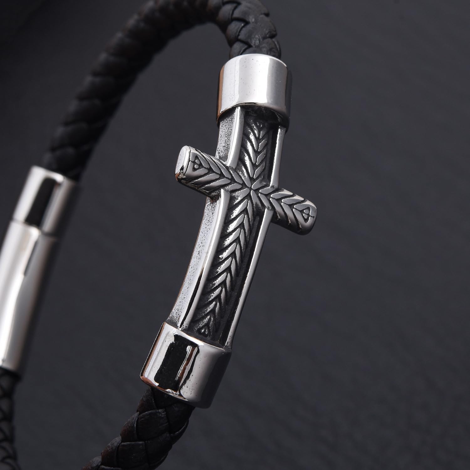 Cross Leather Bracelet for Men & Women, Stainless Steel Black Braided Leather Wristband with Clasp, Minimalist Religious Jewelry