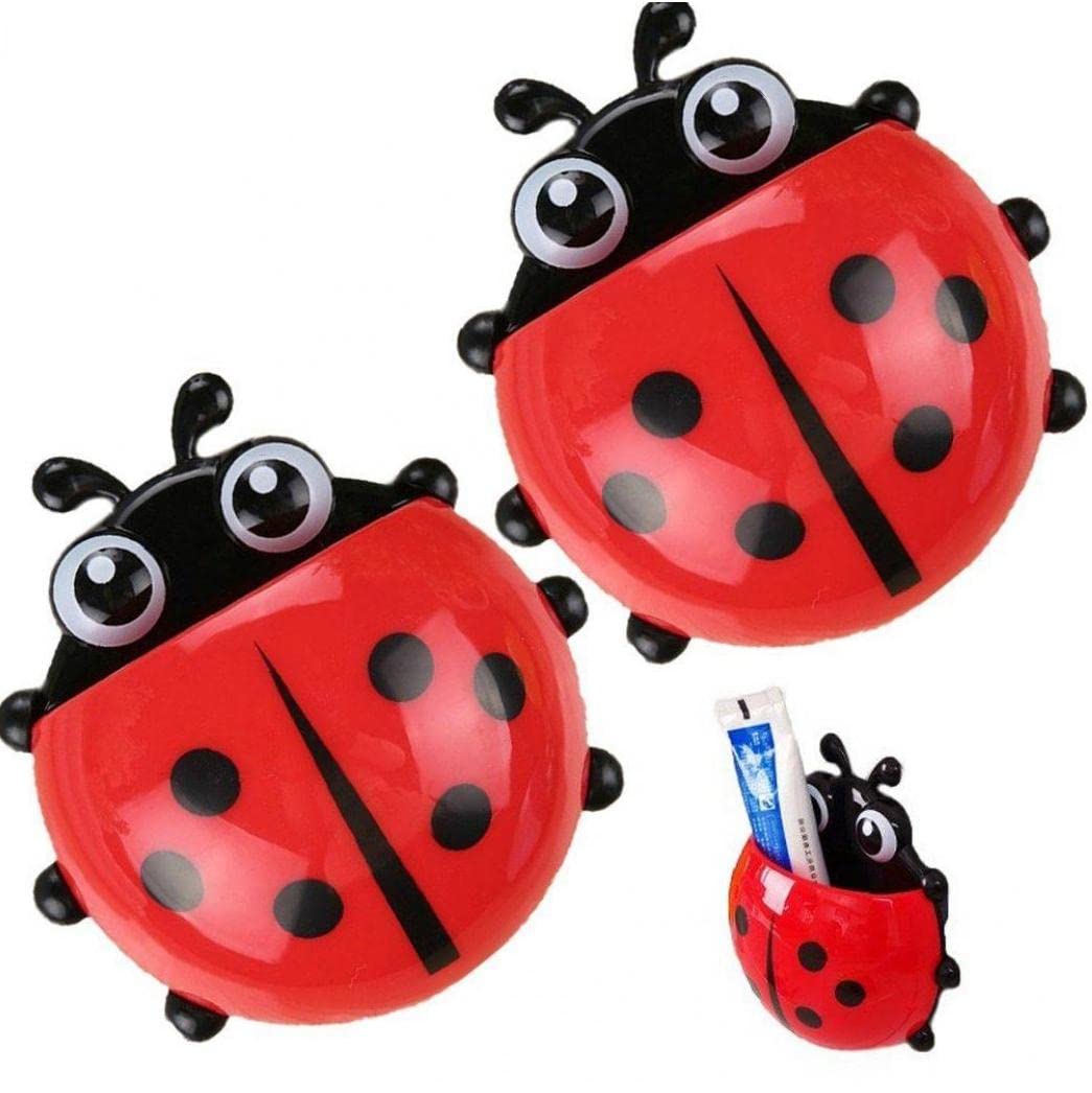 Casiler Red 2Pcs Ladybug Animal Insect Toothbrush Holder Bathroom Cartoon Toothbrush Toothpaste Wall Suction Holder Rack Container Organizer