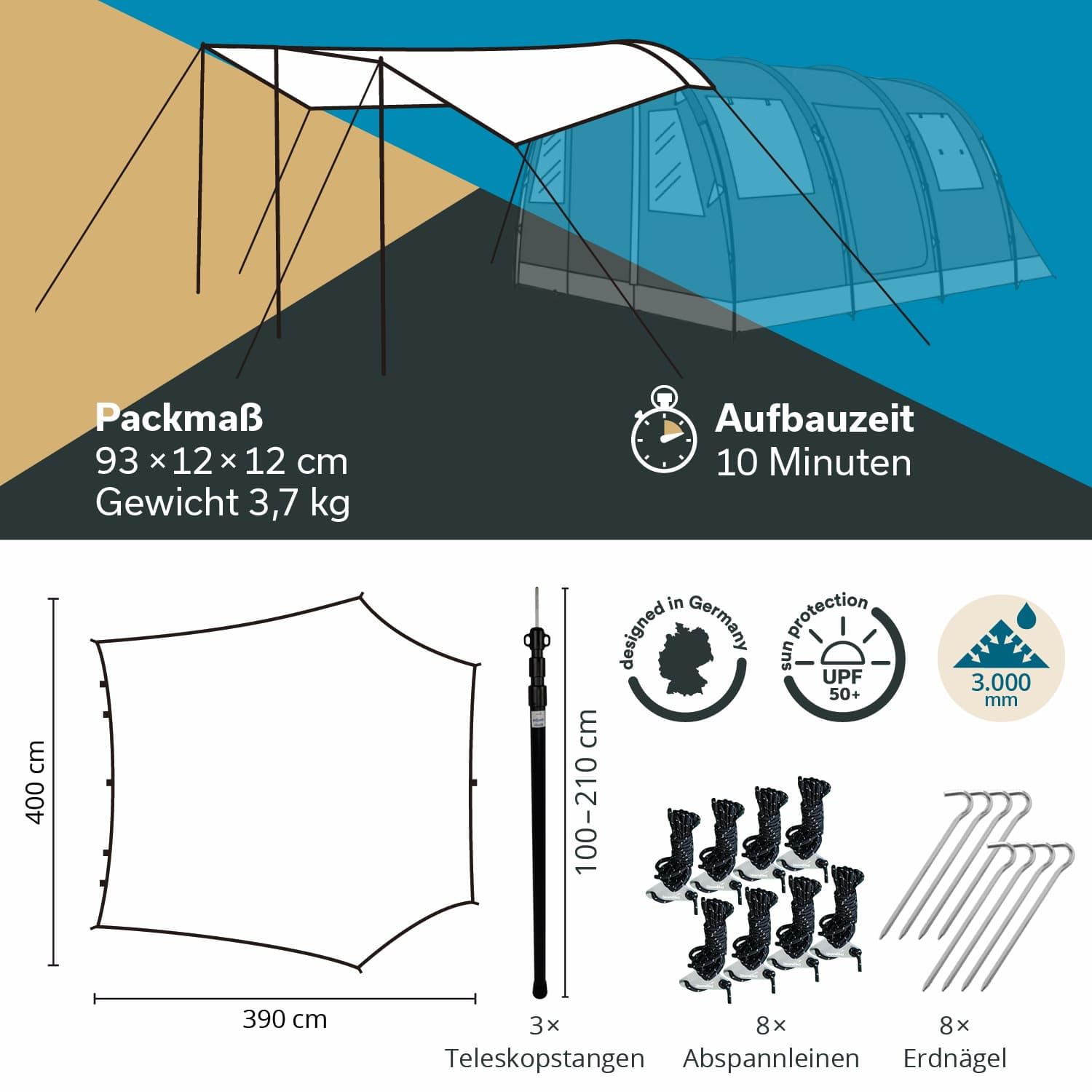 Skandika Sonnensegel Spirit 390 x 400 cm | Wetterschutz mit Teleskopstangen, wasserdicht 3000 mm Wassersäule, UPF 50+ | Sonnenschutz, Vordach für Zelt, Camping, Outdoor, Wandern, Garten (390 x 400 cm)
