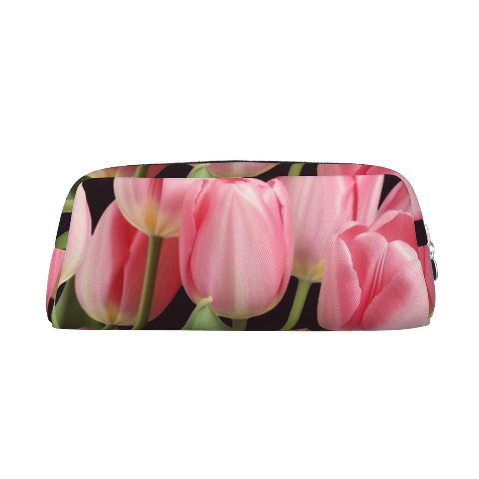 NBCCDVSH Leather Pencil Case with Zipper Stylish Pen Holder Aesthetic Pen Case for Women Men Leather Pencil Bag pink tulips Pen Pouch for Work Office Travel Pencil Pouch Makeup Bag, Silver, One Size