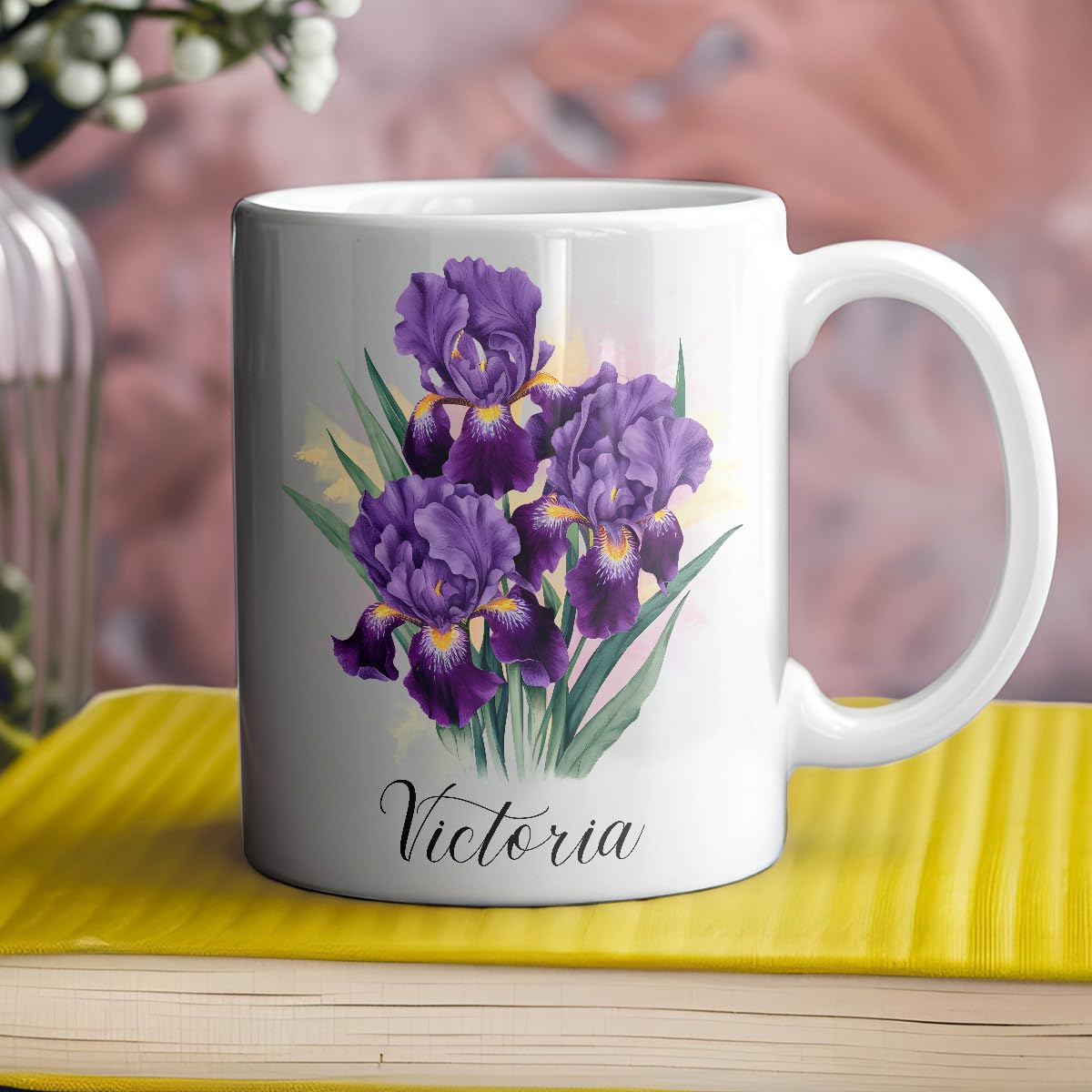Personalized Iris Flower Mug with Name, Iris Coffee Mug Gifts for Grandma Mom Daughter, Iris Lover Ceramic Mug, Custom Iris Floral Mug Gift, Floral Cup, Customized Flower Lovers Tea Cup 11oz 15oz