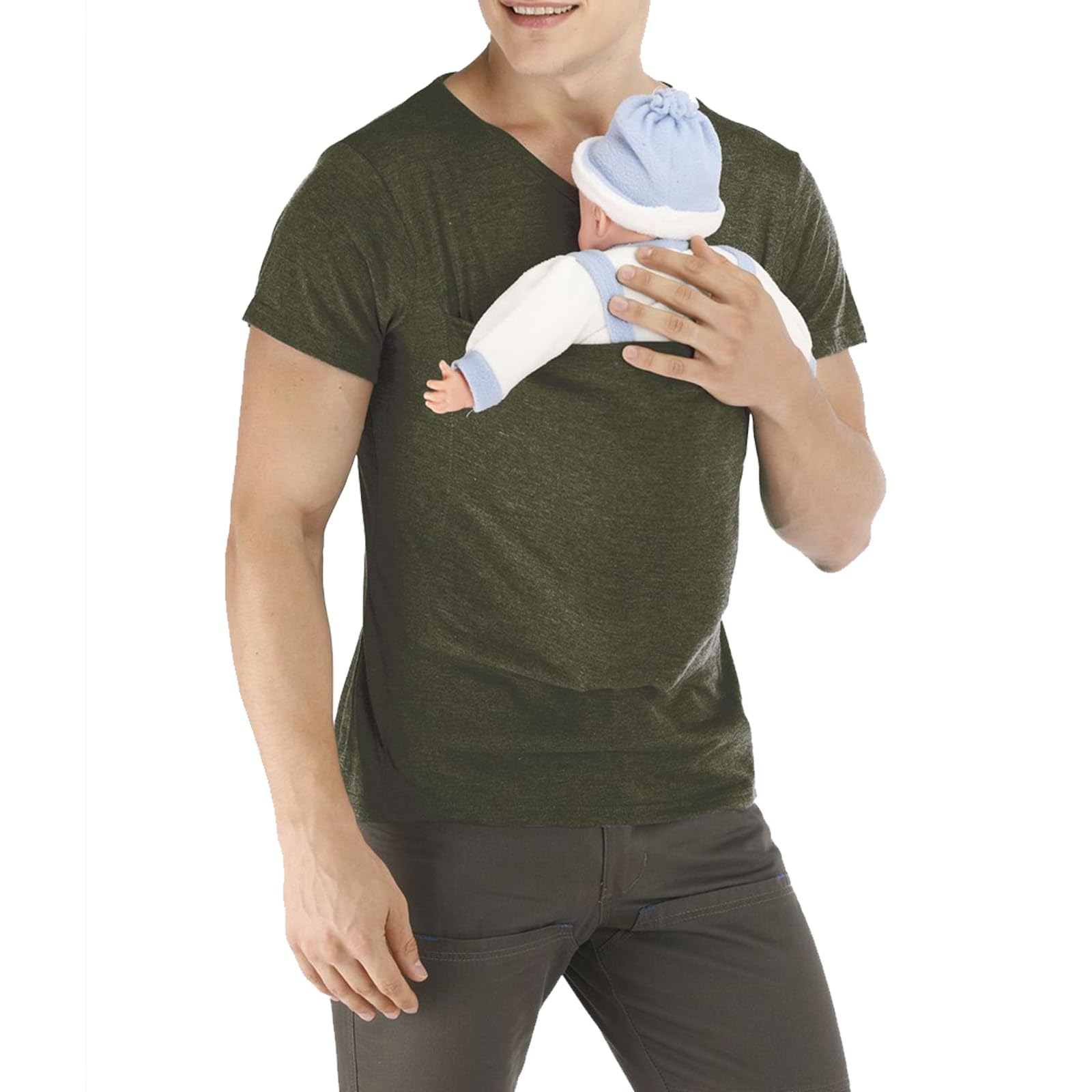 Mens Baby Carrier Shirt, Kangaroo Shirt for Dad and Baby V Neck Short Sleeve Kangaroo T Shirt Baby Carrier Shirt for Dad-Green-3XL