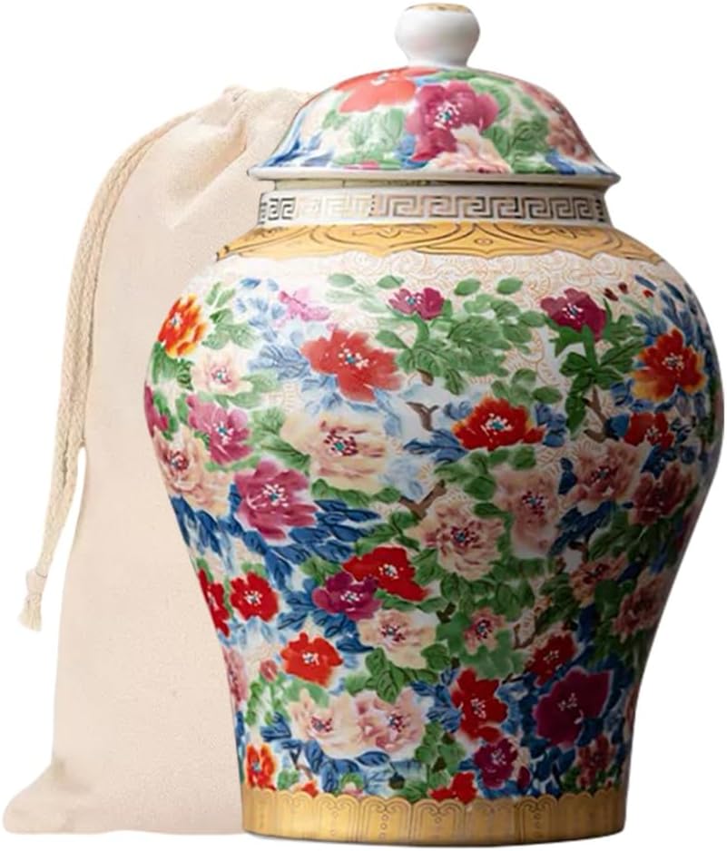 8 inches Ginger Jar with Lid- colored flowers pattern Ceramic Decorative Ginger Jars， chinoiserie gift Enamel decor jar for Home/Kitchen/Dining/living room/shelf decor/Tea Storage