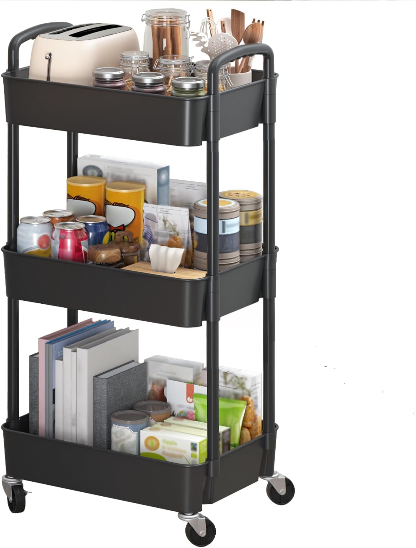 Sywhitta 3-Tier Rolling Utility Cart with Handle, Multi-Functional Storage Trolley for Office, Living Room, Kitchen, Movable Storage Organizer with Wheels, Black
