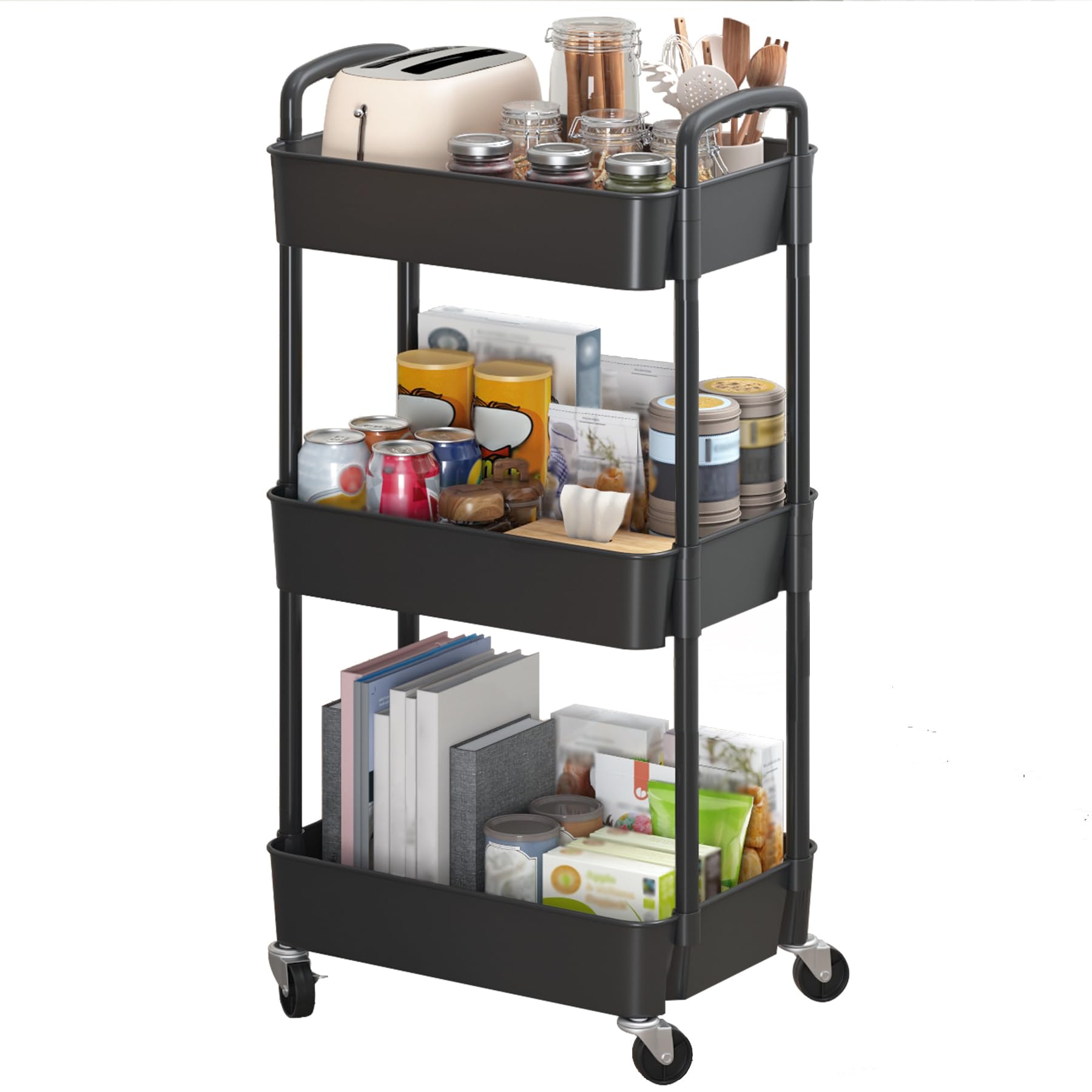 Sywhitta3-Tier Plastic Rolling Utility Cart with Handle, Multi-Functional Storage Trolley for Office, Living Room, Kitchen, Movable Storage Organizer with Wheels, Black