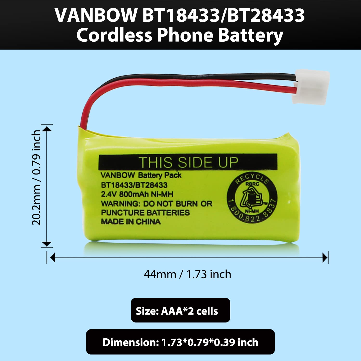 VANBOW BT18433/BT28433 2.4V 800mAh Ni-MH Cordless Phone Battery, Also Compatible with AT&T BT184342/BT284342 BT8300 BT1011 BT1018 BT1022 BT1031 2SN-AAA55H-S-J1 CS6120 CS6209 CL80109 EL52419 (Pack 2)