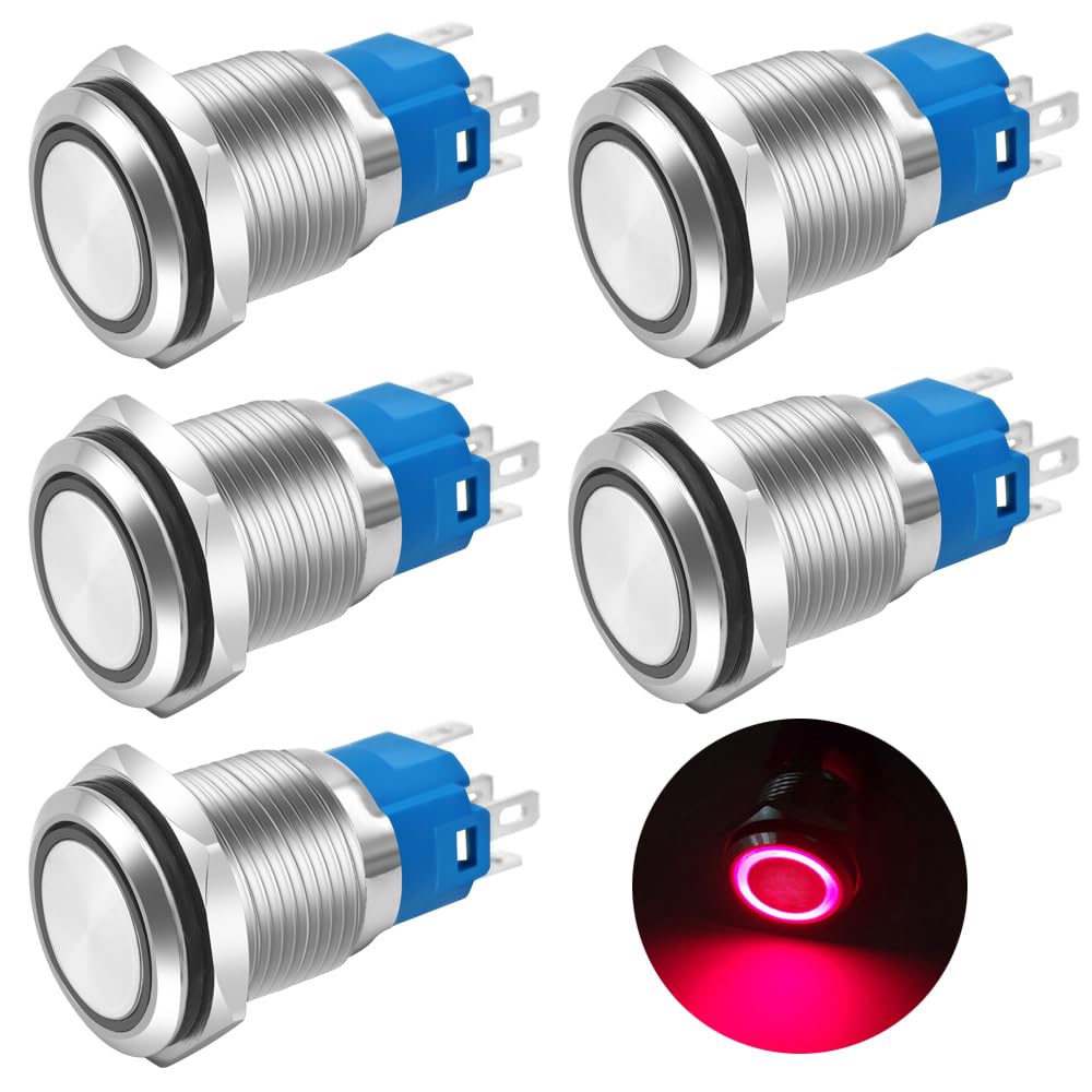 Gebildet 5Pcs 16mm Red LED Metal Latching Push Button Switch Waterproof 12V-24V/5Amp 1NO 1NC ON/Off for 5/8" Mounting Hole