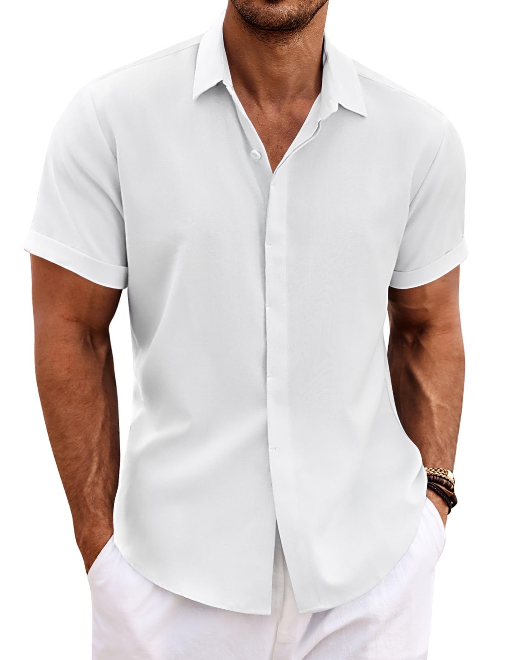 COOFANDY Herren Hemd Sommer Kurzarm Freizeithemd Casual Leinenhemden Button down Leinen Shirt A-WeißXXL